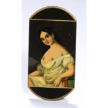 Miniatur-Bild, "Damenbüste", anonymer Maler des 19. Jh., wohl Stobwasser, Öl/Malpappe,11,2 x 5,6 cm