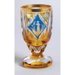 Glas-Pokal, dt., Mitte 20. Jh., farbloses Glas, honiggelb und blau gebeizt, Schäl- undKerbdekor in