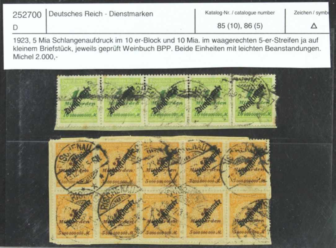 Deutsches Reich, Dienstmarken, Michel-Nr. 85 und 86, gestempelt, geprüft Weinbuch,Katalogwert: 2.