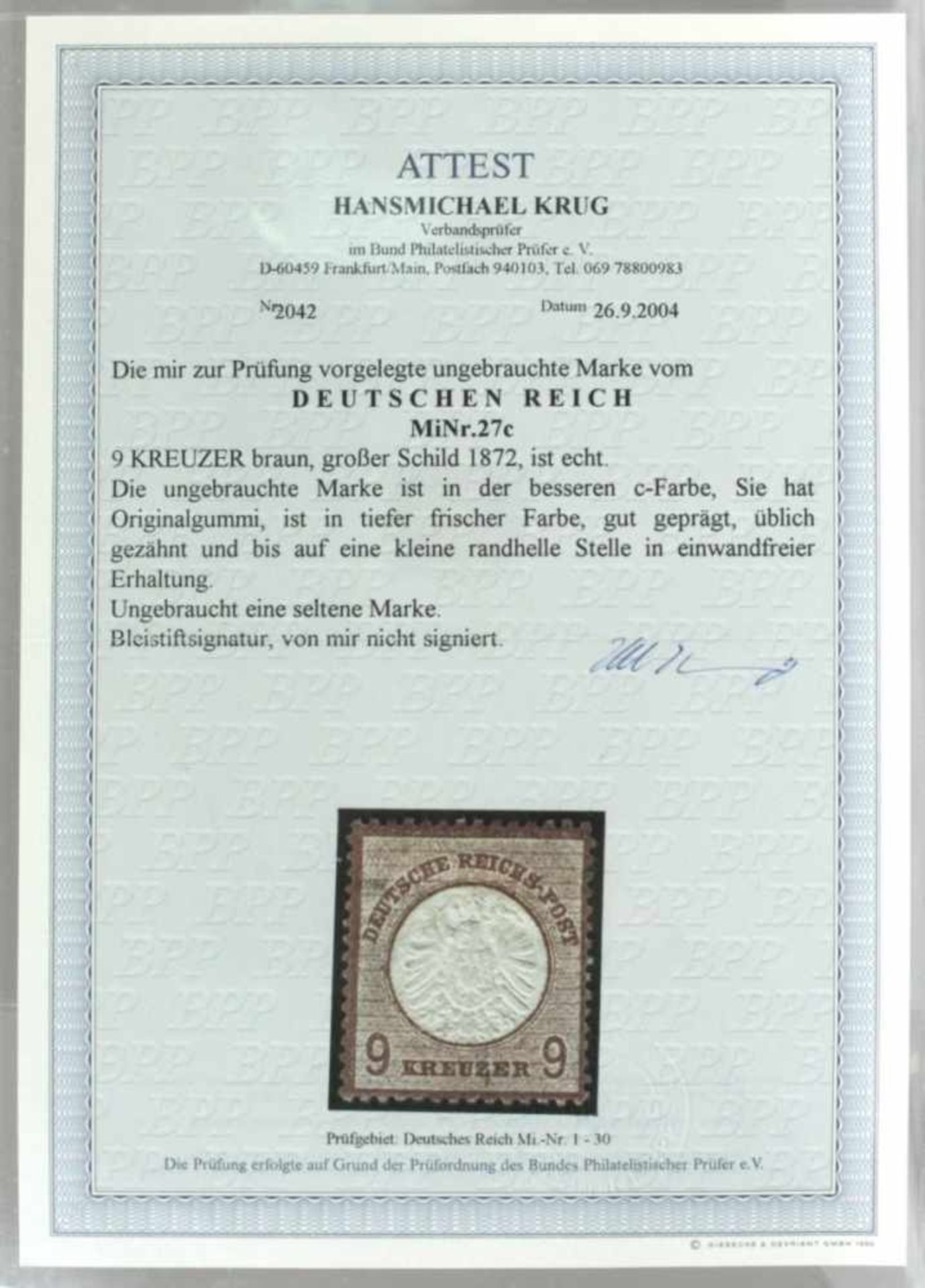 Deutsches Reich, Michel-Nr. 27 c, mit Falz, Fotobefund, Katalogwert: 2.500,- Euro - Bild 2 aus 2