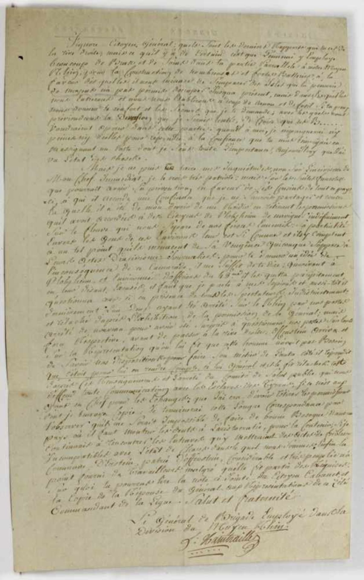 Historisches Dokument, Plobsheim, 1794, Brief des General Charles Antoine DominiqueXaintrailles - Bild 2 aus 3