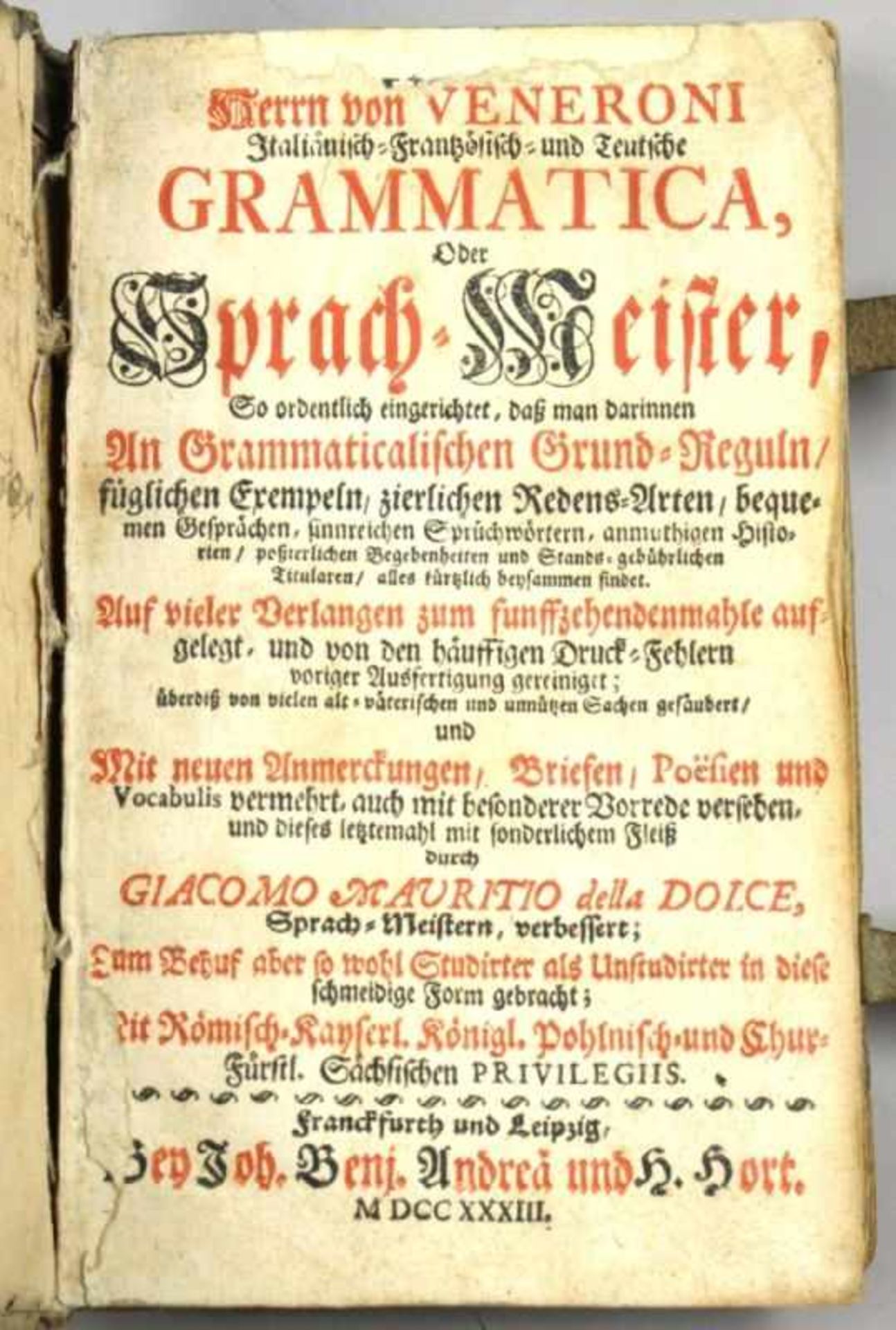 Buch, "Ialienisch-Französisch und Deutsche Grammatica", Veneroni, Herr von, 1733, - Bild 2 aus 2