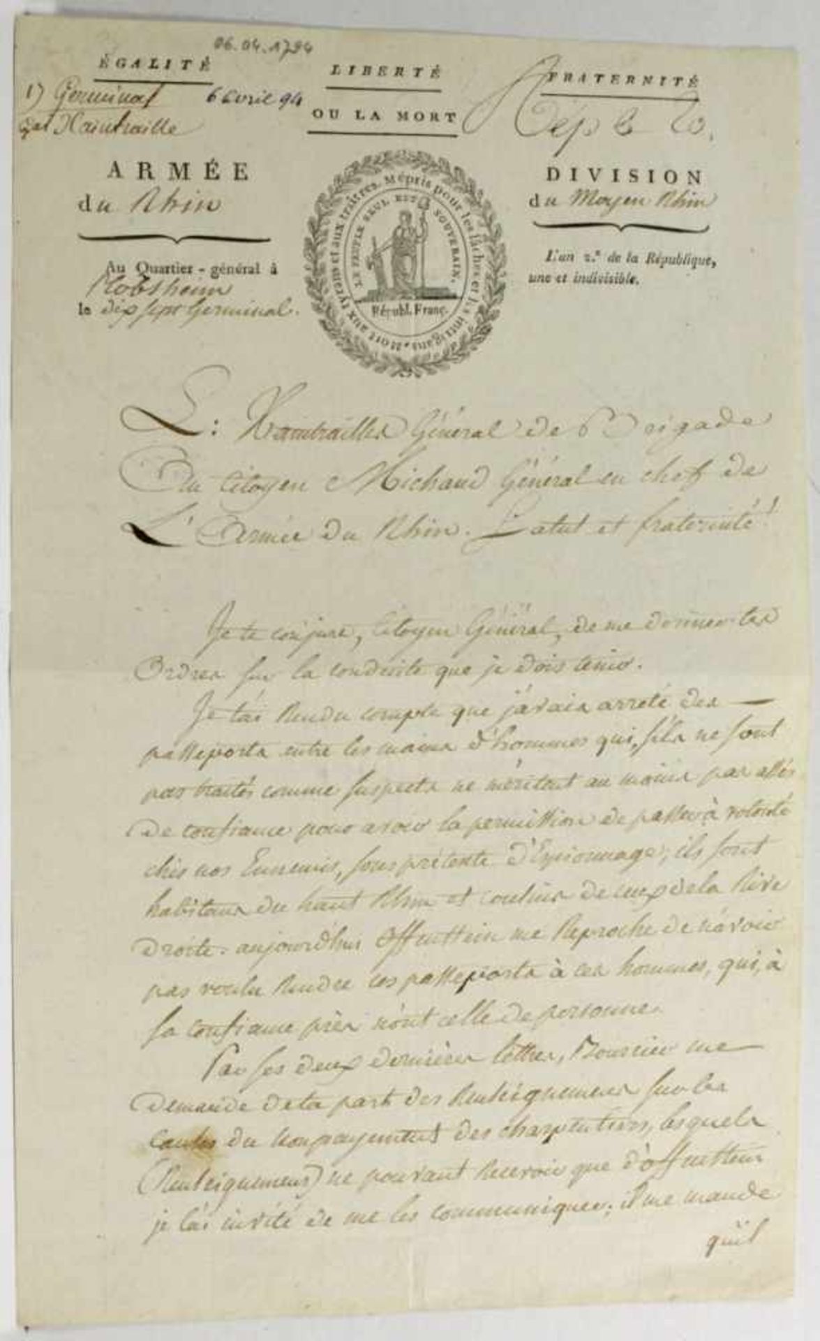Historisches Dokument, Plobsheim, 1794, Schreiben des Generals Charles Antoine DominiqueXaintrailles