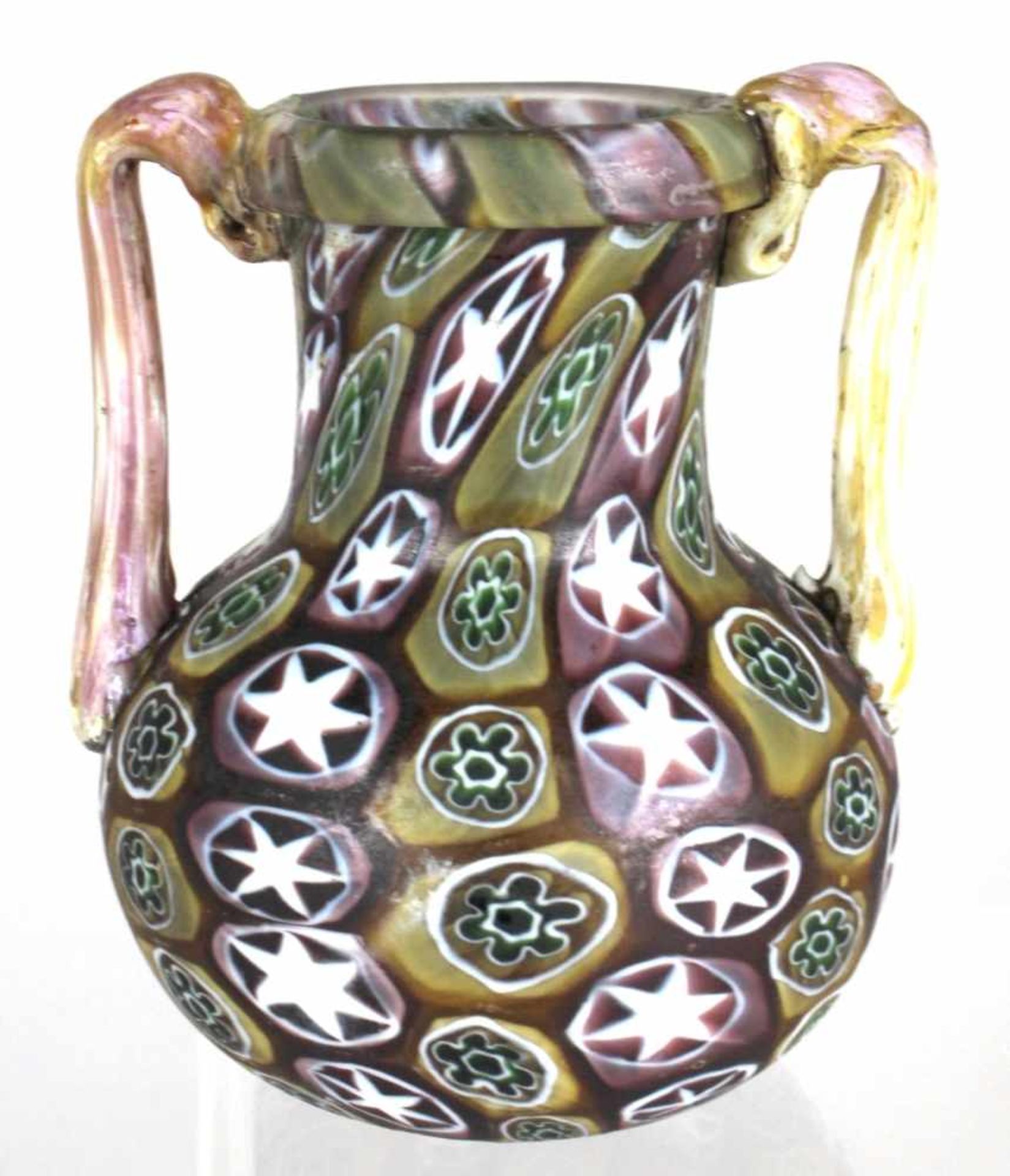 Glas-Doppelhenkelziervase, "Mosaico", Murano, Fratelli Toso, um 1910, 2 applizierteHenkel, farbloses - Bild 2 aus 6