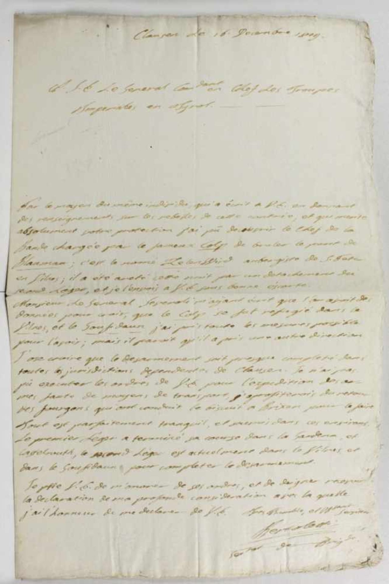 Historisches Dokument, Clausen, 1809, Brief des Brigadegenerals Bertoletti