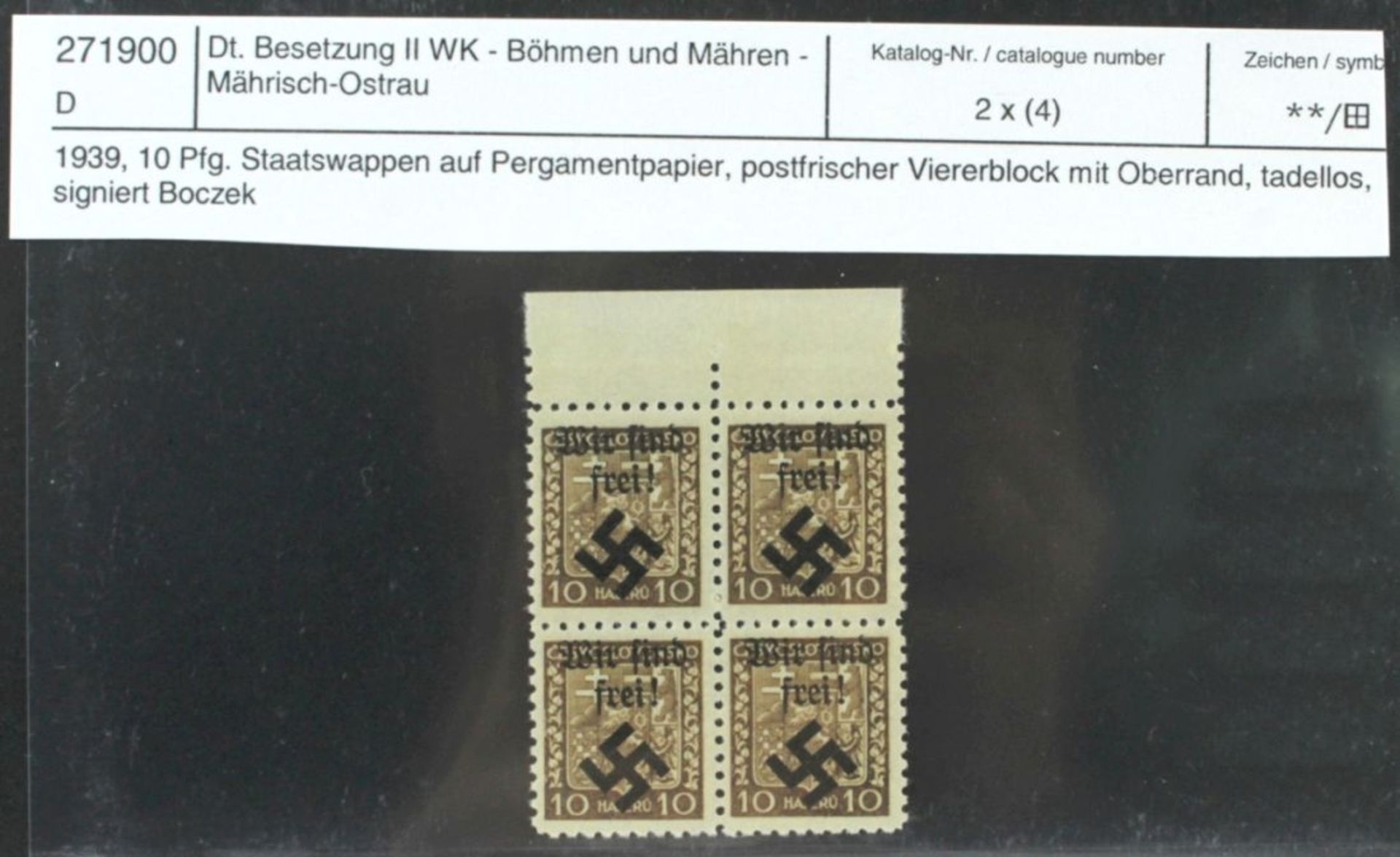 Deutsche Besetzung Boehmen und Mähren, Michel-Nr. 2 x, postfrisch, Viererblock,Katalogwert: 1280,-