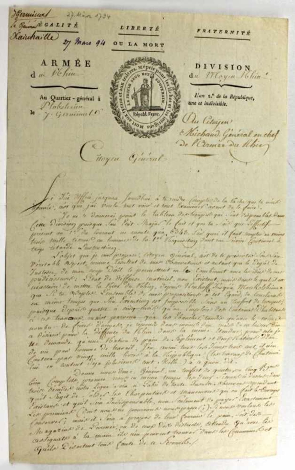Historisches Dokument, Plobsheim, 1794, Brief des General Charles Antoine DominiqueXaintrailles