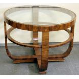 Art Deco-Tisch, um 1930, Nussbaumholz furniert und massiv, rund, eingelegte Glasplatte, H60 cm, D 81