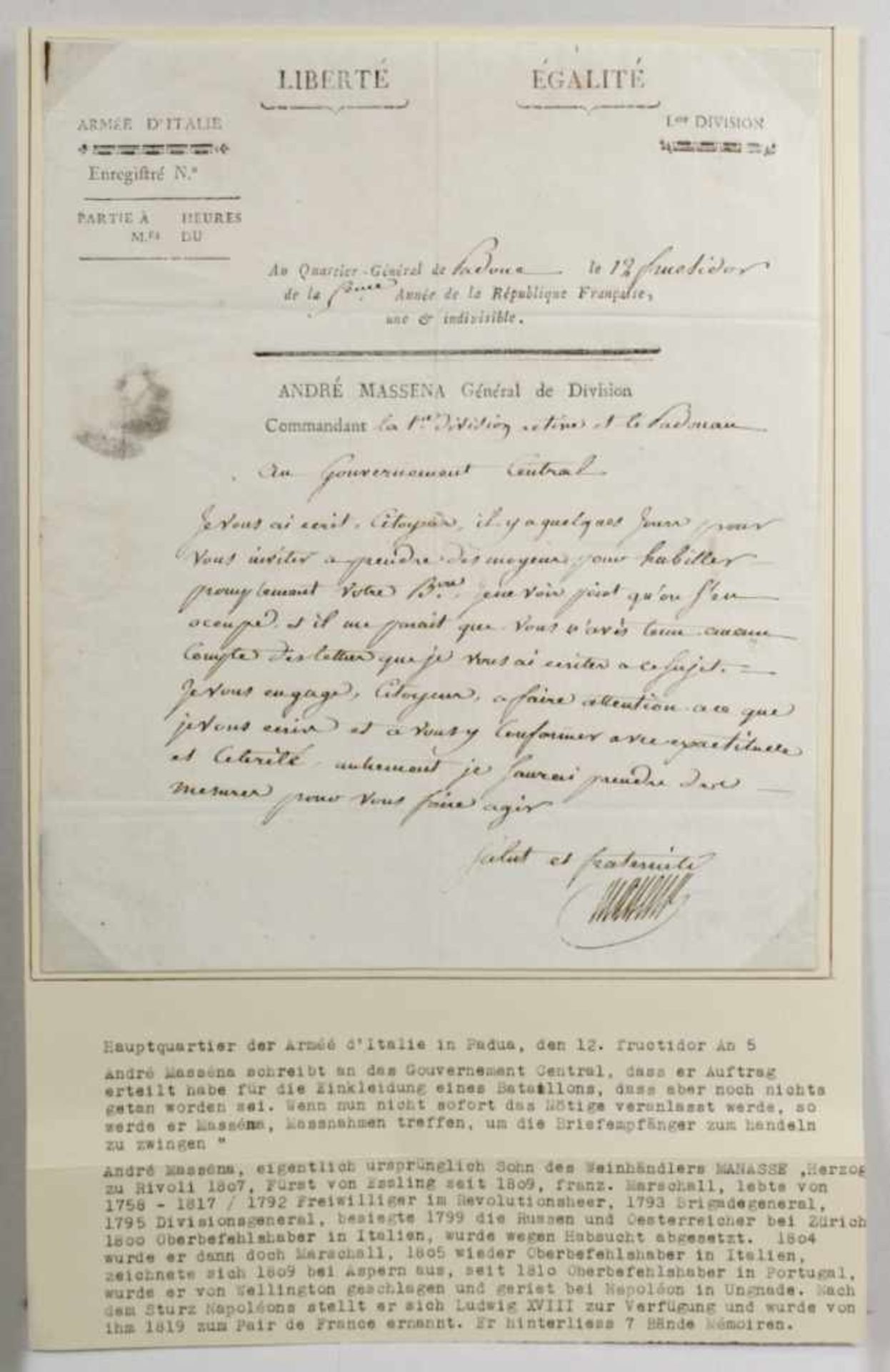 Historisches Dokument, Italien, um 1800, Brief des Generals Andre Massena an dasGouvernement