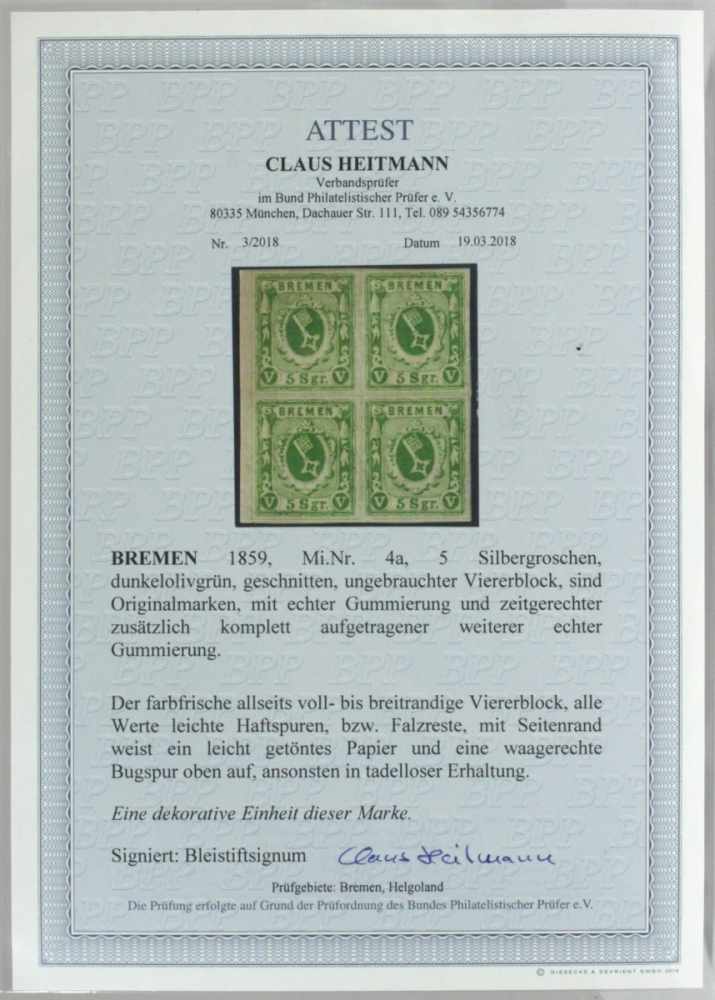 Bremen, Michel-Nr. 4 a, Viererblock, Falz, mit Fotoattest, Katalogwert: 1.100,- Euro - Image 2 of 2