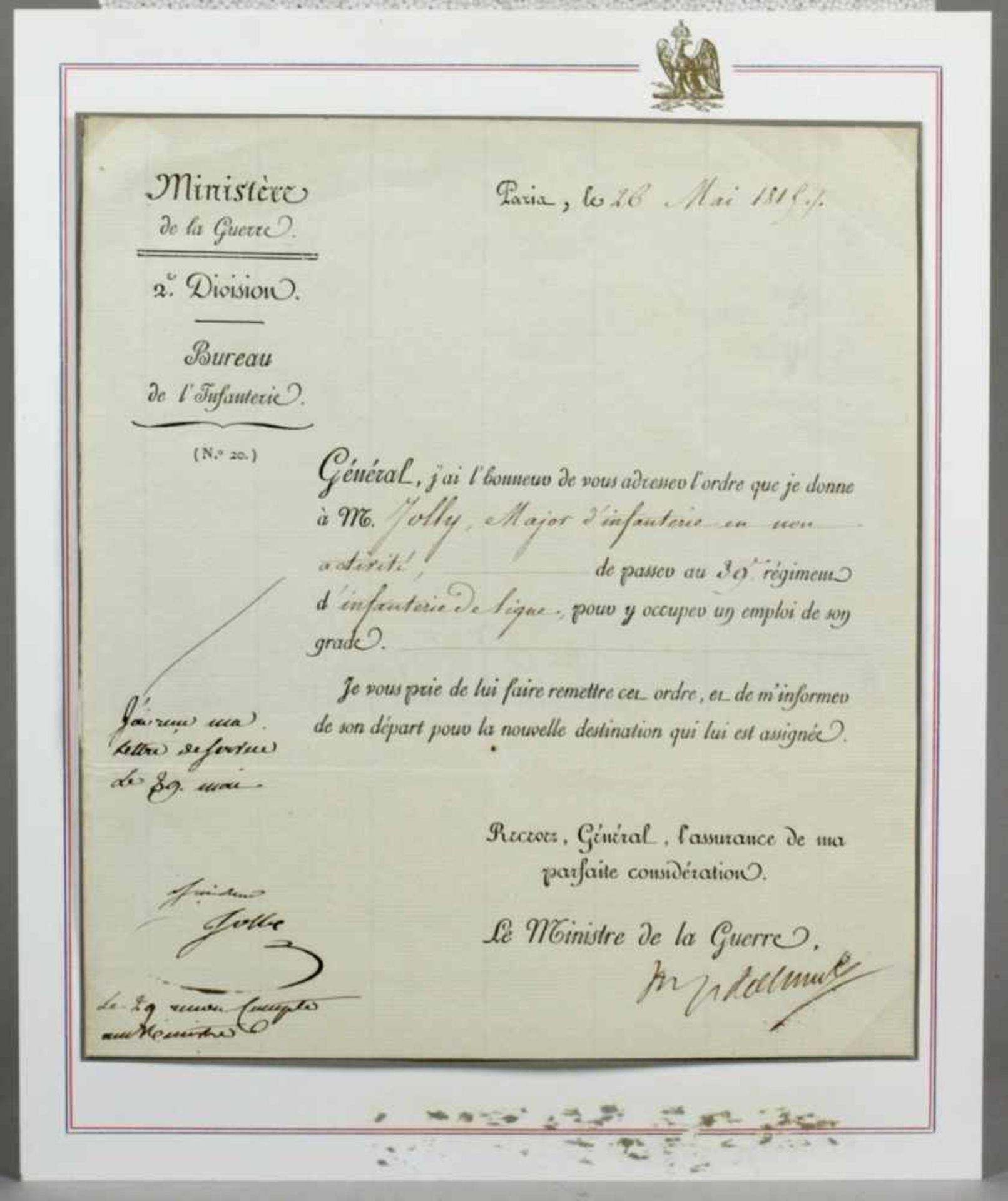 Historisches Dokument, 1819, Brief des Kriegsministers Louis-Nicolas Davout, princed'Eckmühl mit