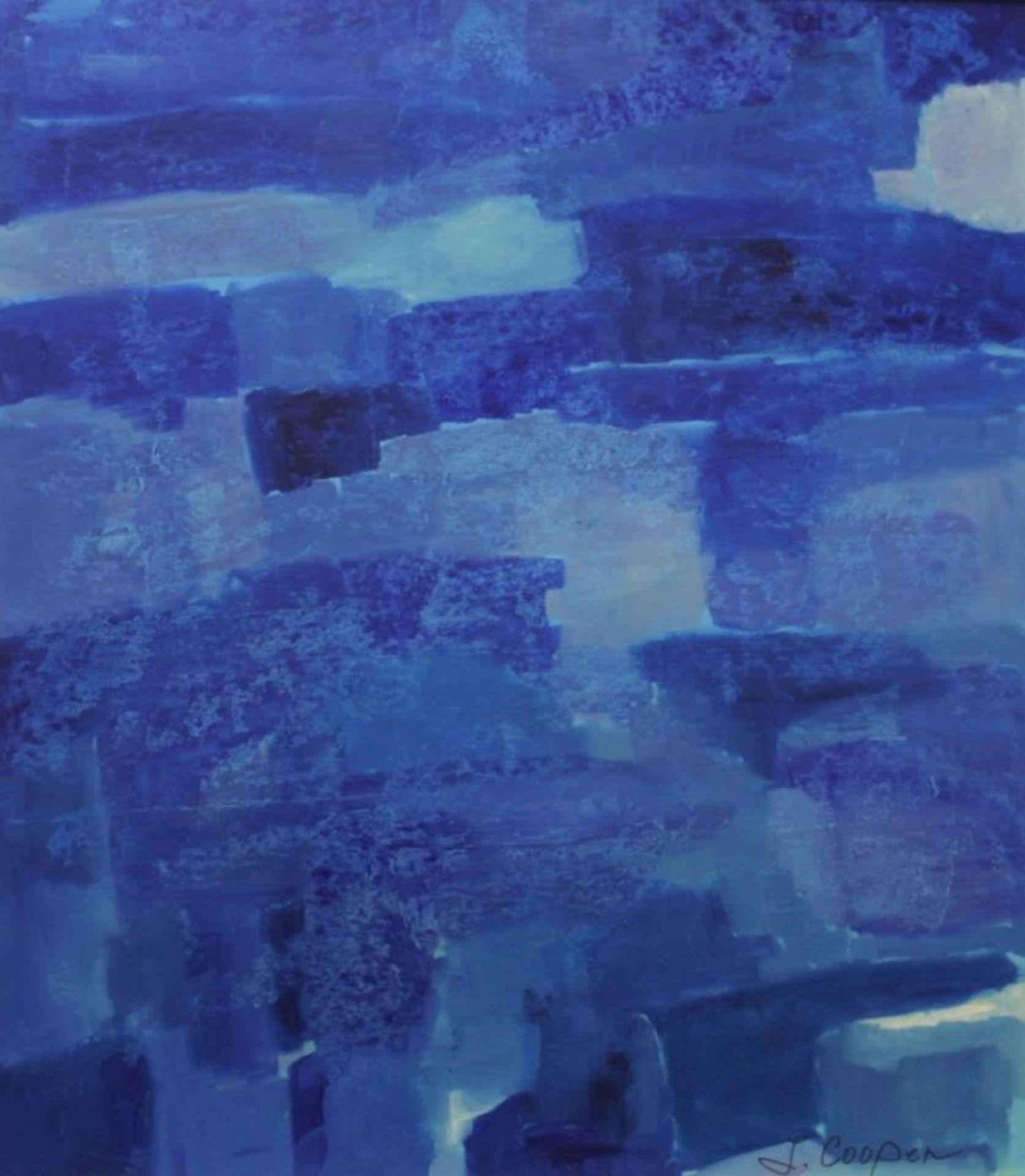 Cooper, J., zeitgenössischer Maler. "Farbkomposition in blau", sign., Öl/Malpappe, 80 x 70cm