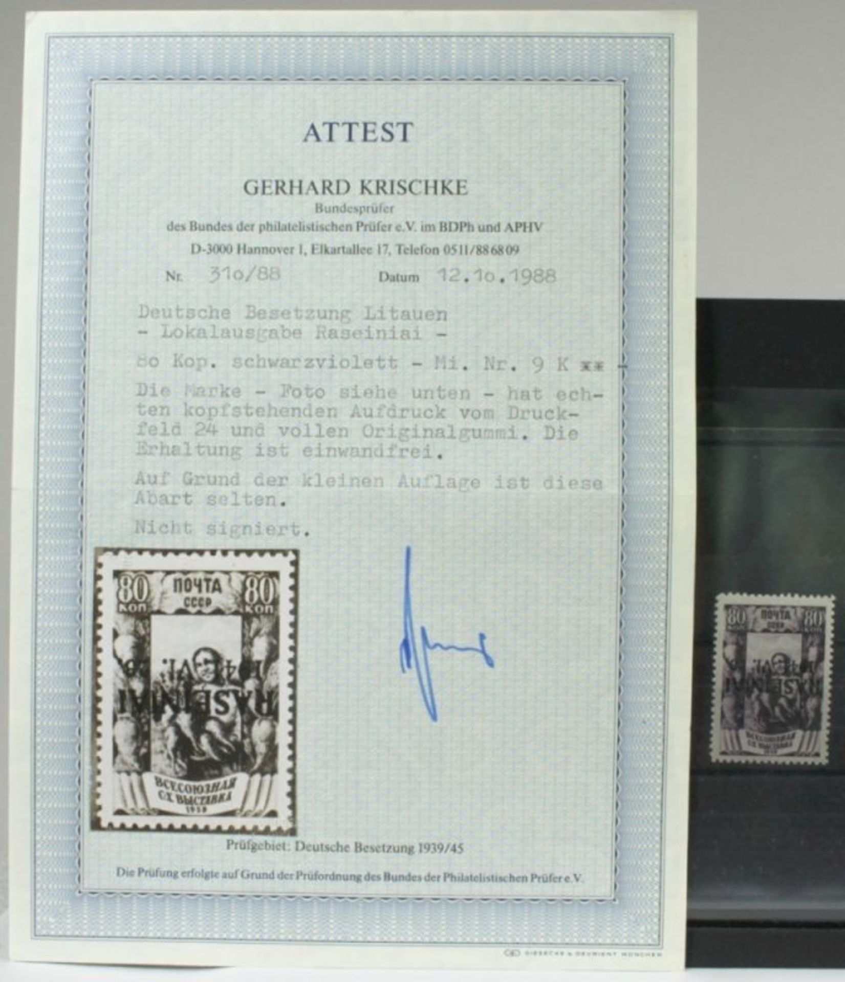 Deutsche Besetzungsausgaben, Litauen/Rossingen, Michel-Nr. 9 K, postfrisch, mitFotoattest,