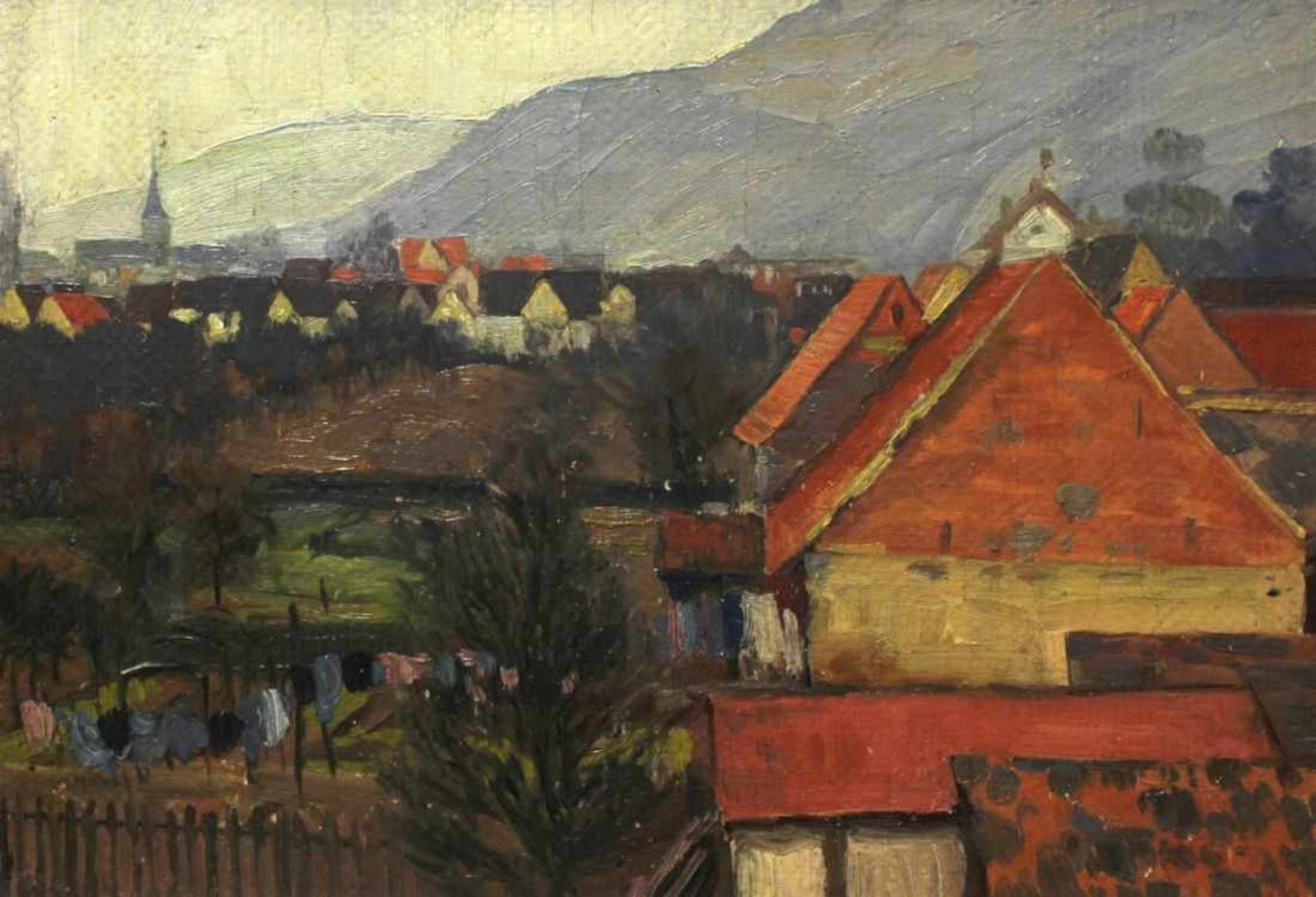 Anonymer Maler, Mitte 20. Jh. "Blick auf das Kirchdorf", Öl/Holz, 46 x 65 cm