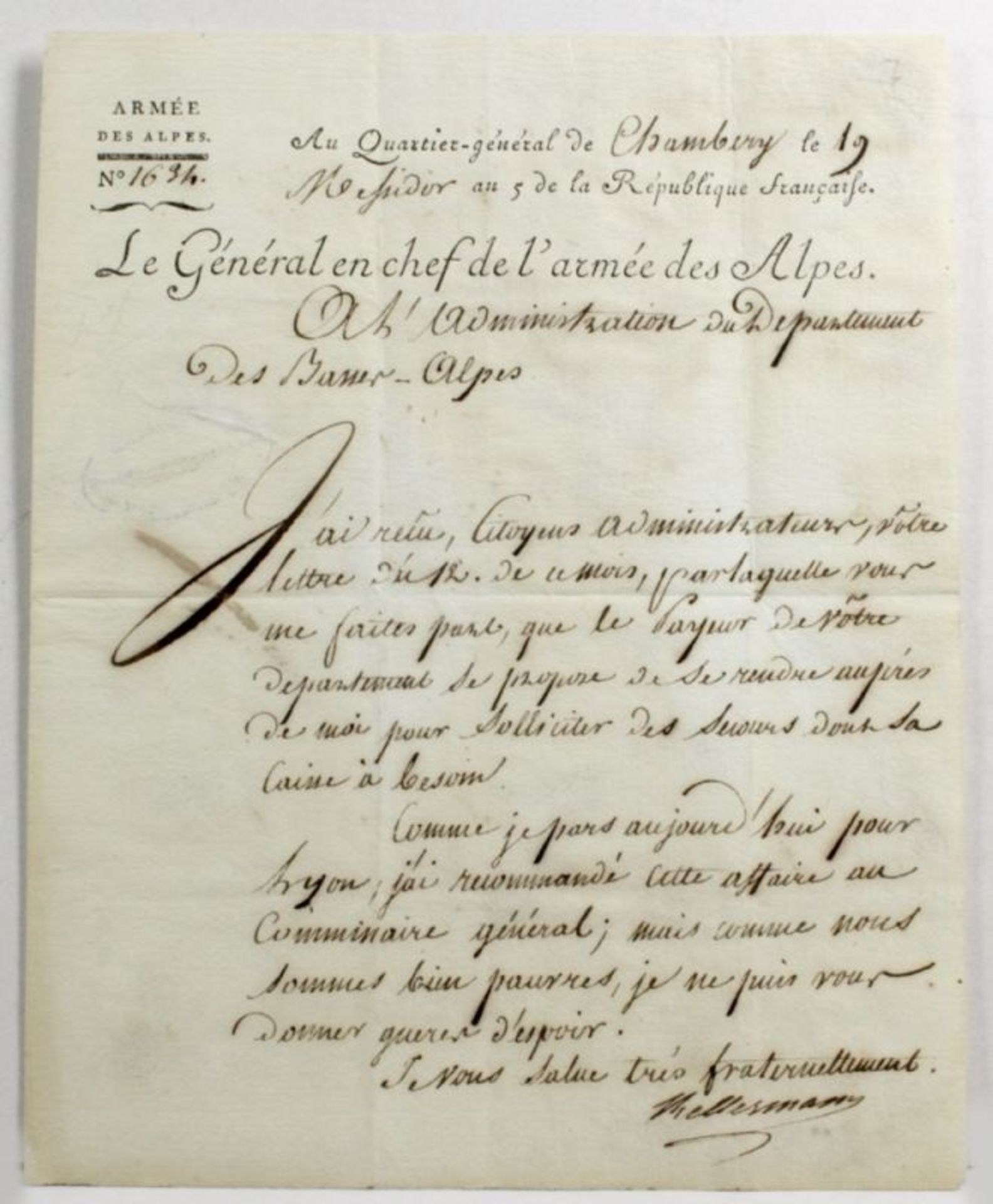 Historisches Dokument, 1796, Brief von General Kellermann aus Chamberg nach Digne