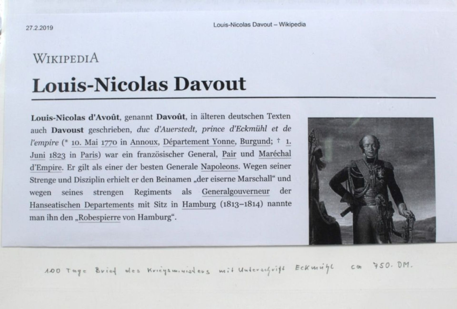 Historisches Dokument, 1819, Brief des Kriegsministers Louis-Nicolas Davout, princed'Eckmühl mit - Bild 2 aus 2