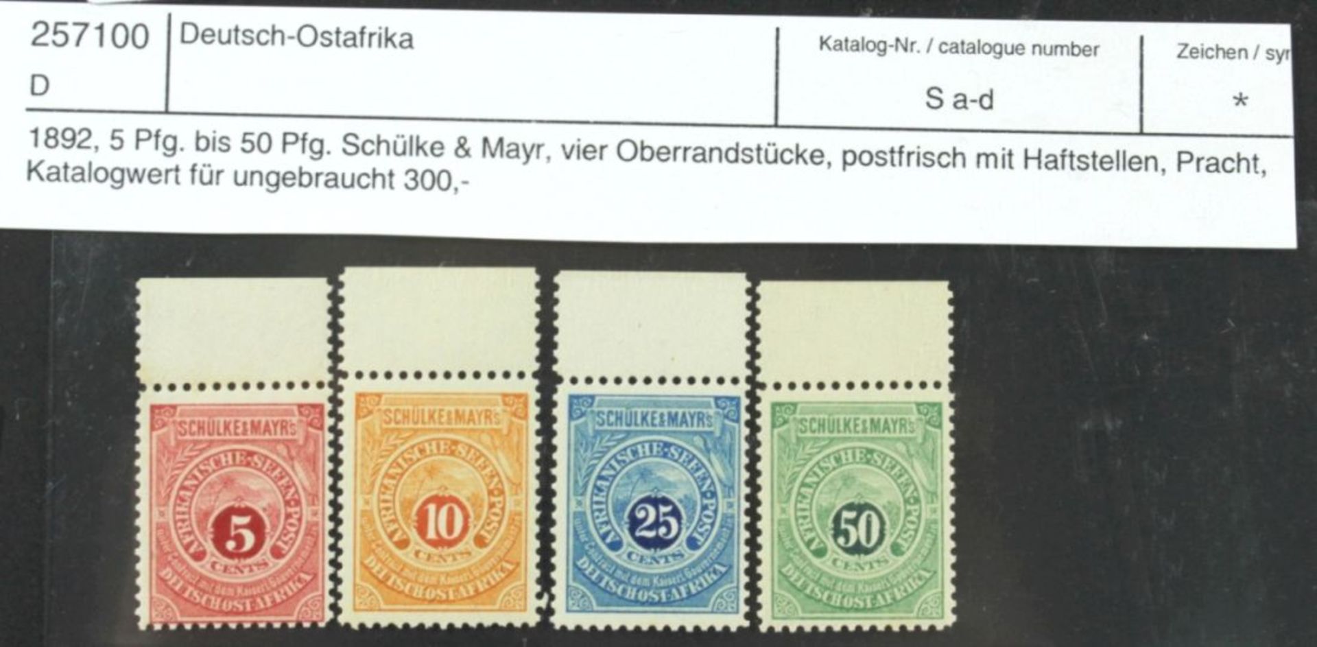 Deutsch-Ostafrika, Schülke & Mayer, S a-d, mit Falz, Oberrandstücke, Katalogwert: 300,-Euro