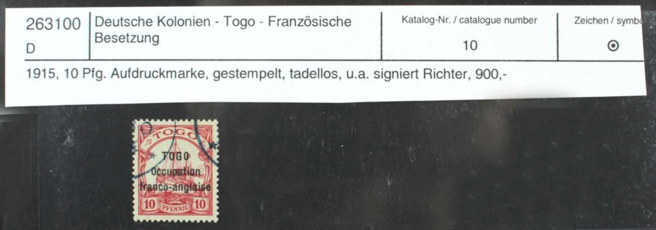 Deutsche Kolonie Togo, Michel-Nr. 10, gestempelt, signiert Richter, Katalogwert: 900,-Euro