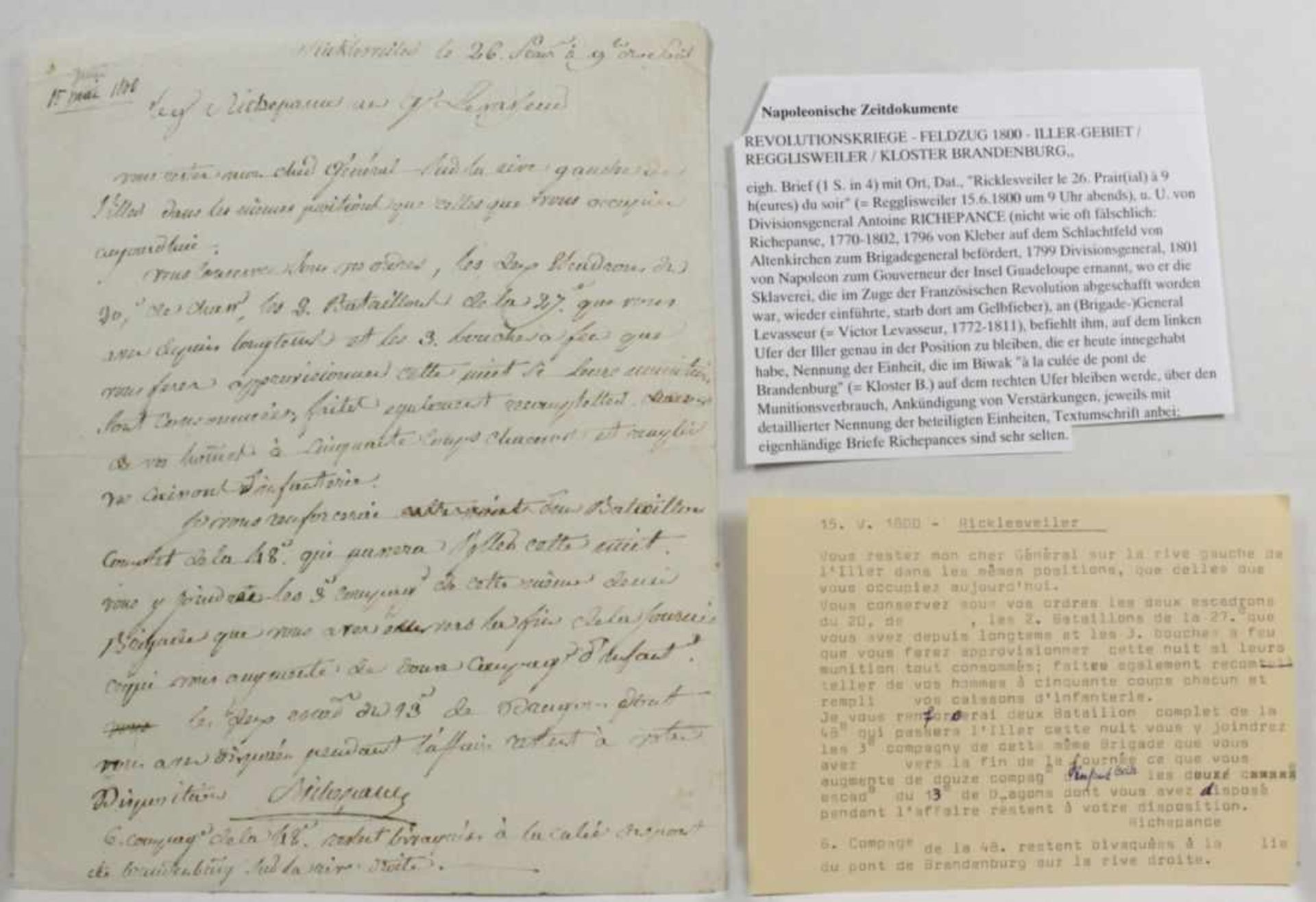 Historisches Dokument, Regglisweiler, 1800, Brief von Divisionsgeneral Antoine Richepance
