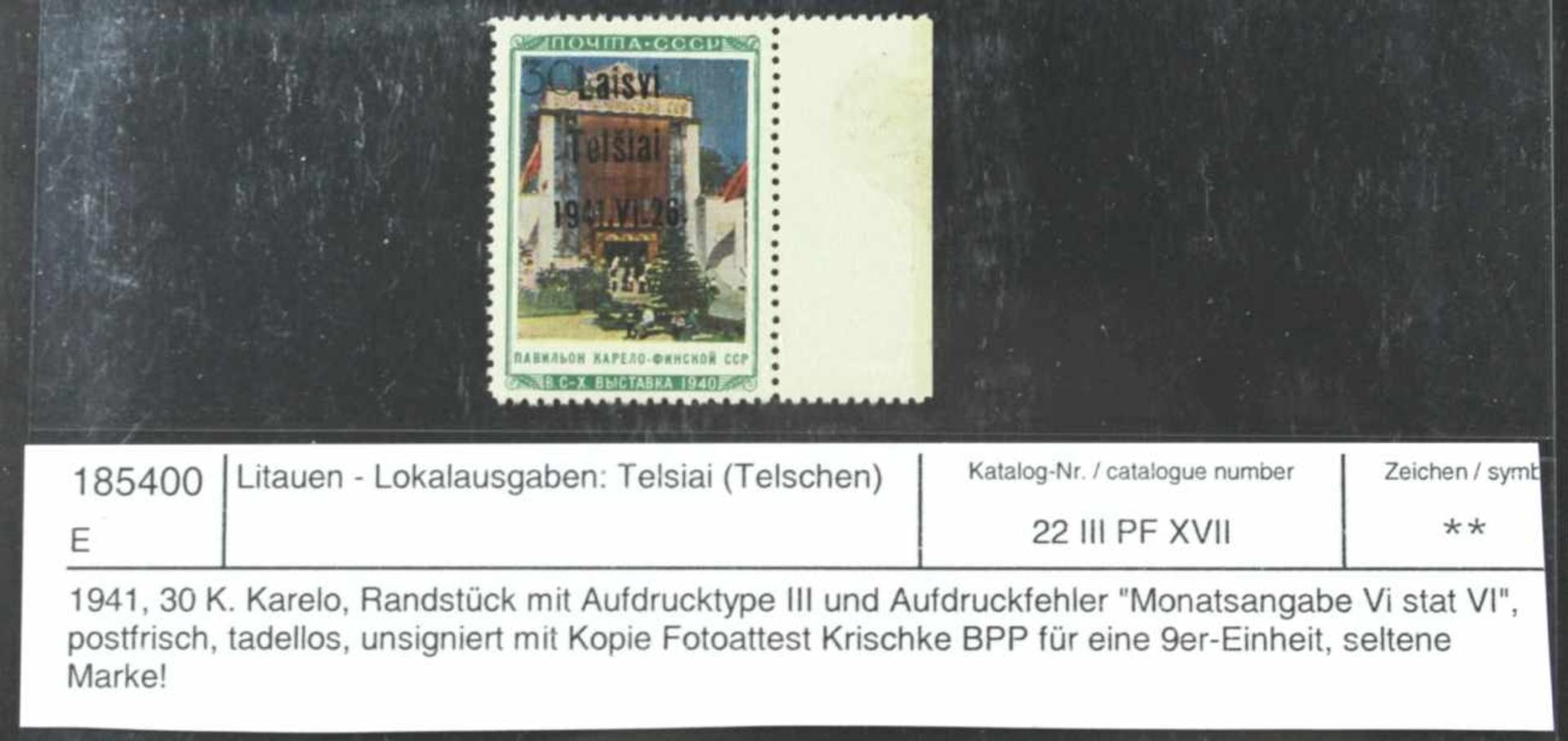 Litauen-Lokalausgabe, Michel-Nr. 22 III PF XVII, postfrisch, mit Fotobefund (Kopie)