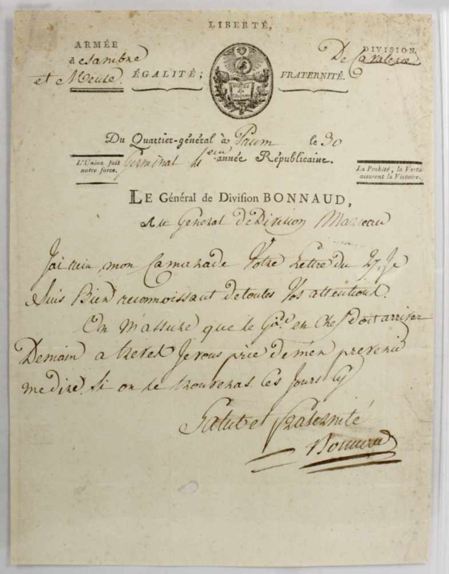 Historisches Dokument, um 1800, Brief des Generals Bonnaud