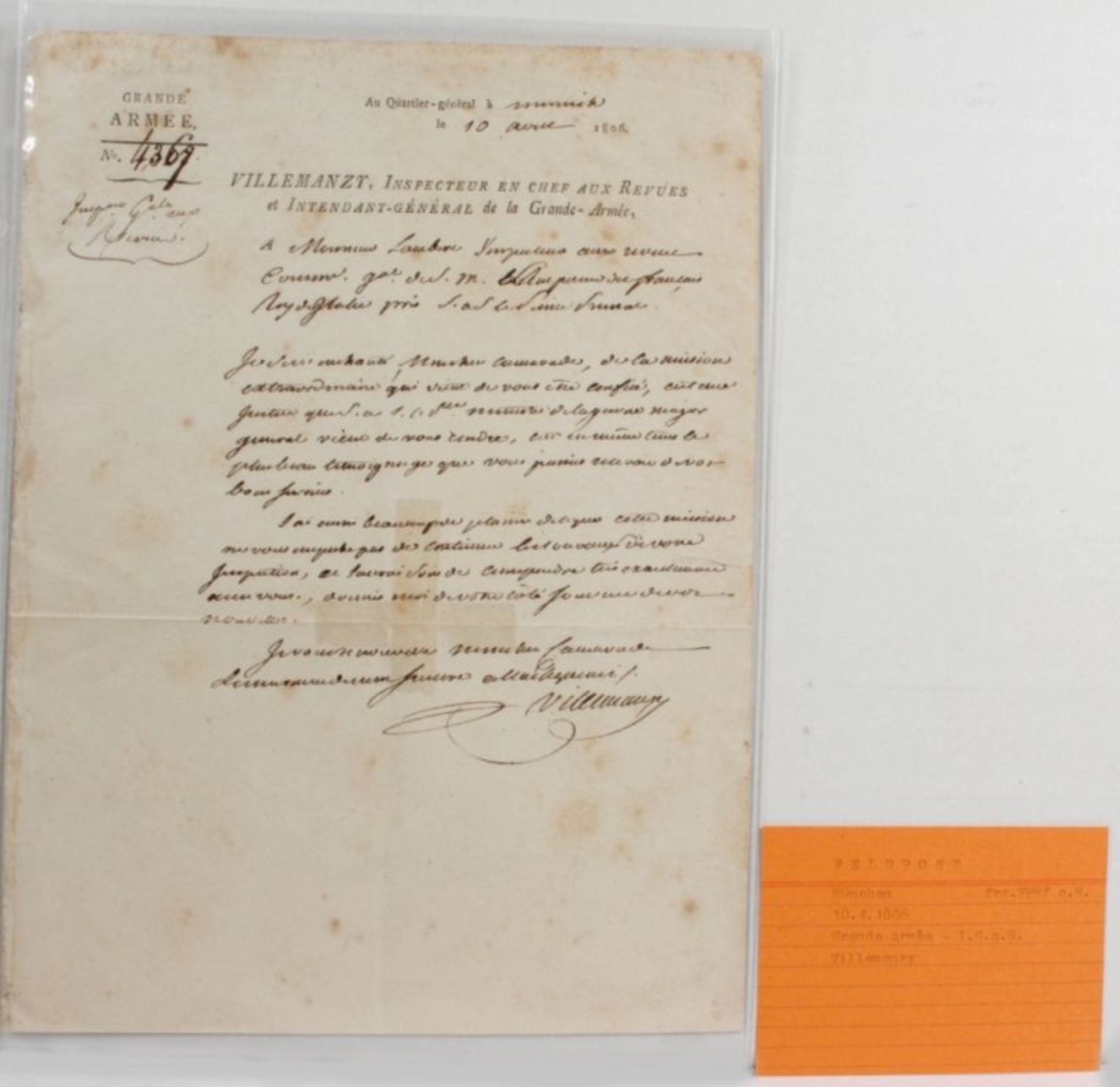 Historisches Dokument, 1806, Brief des Generals Villemanzy