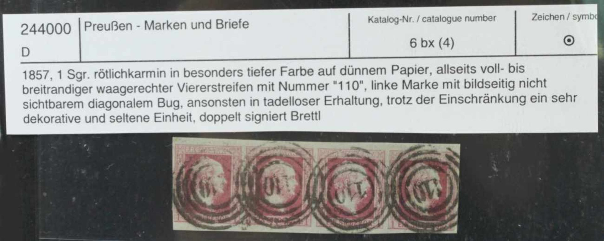 Preußen, Michel-Nr. 6 bx, gestempelt, 4er-Streifen, doppelt signiert Brettl, Katalogwert:600,- Euro