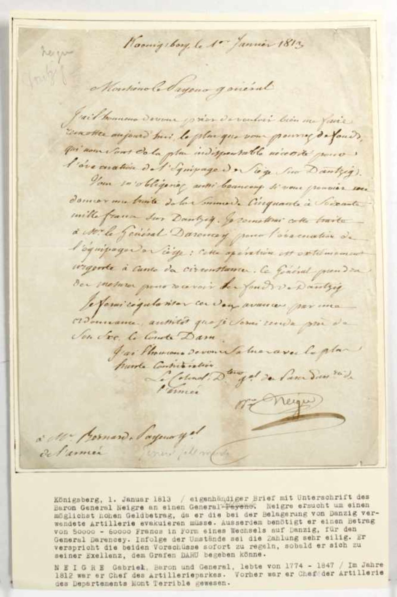 Historisches Dokument, Königsberg, 1813, Brief des Baron General Neigre