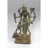 Bronze-Plastik, "Sechsarmige Gottheit", wohl Indien, 2. Hälfte 20. Jh., auf Sockel mitliegender