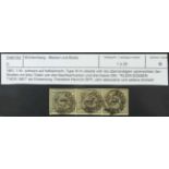 Württemberg, Michel-Nr. 1 a, gestempelt, 3er-Streifen, mit Fotoattest, Katalogwert:1.500,- Euro