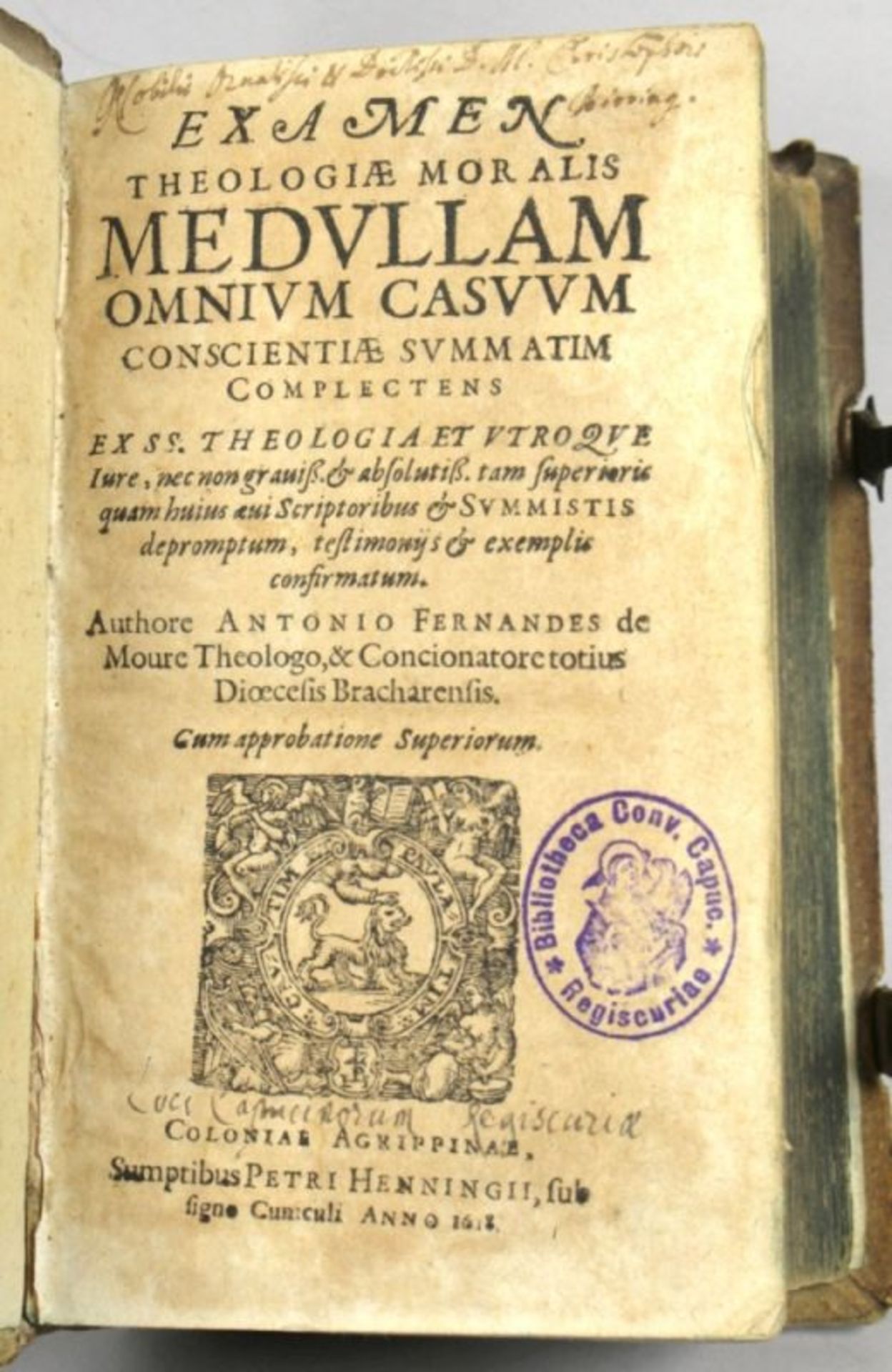 Buch, "Examen Theologiae Moralis", Antonio Fernades de Moura, 1618, gebräunte Seiten,guter - Bild 2 aus 2