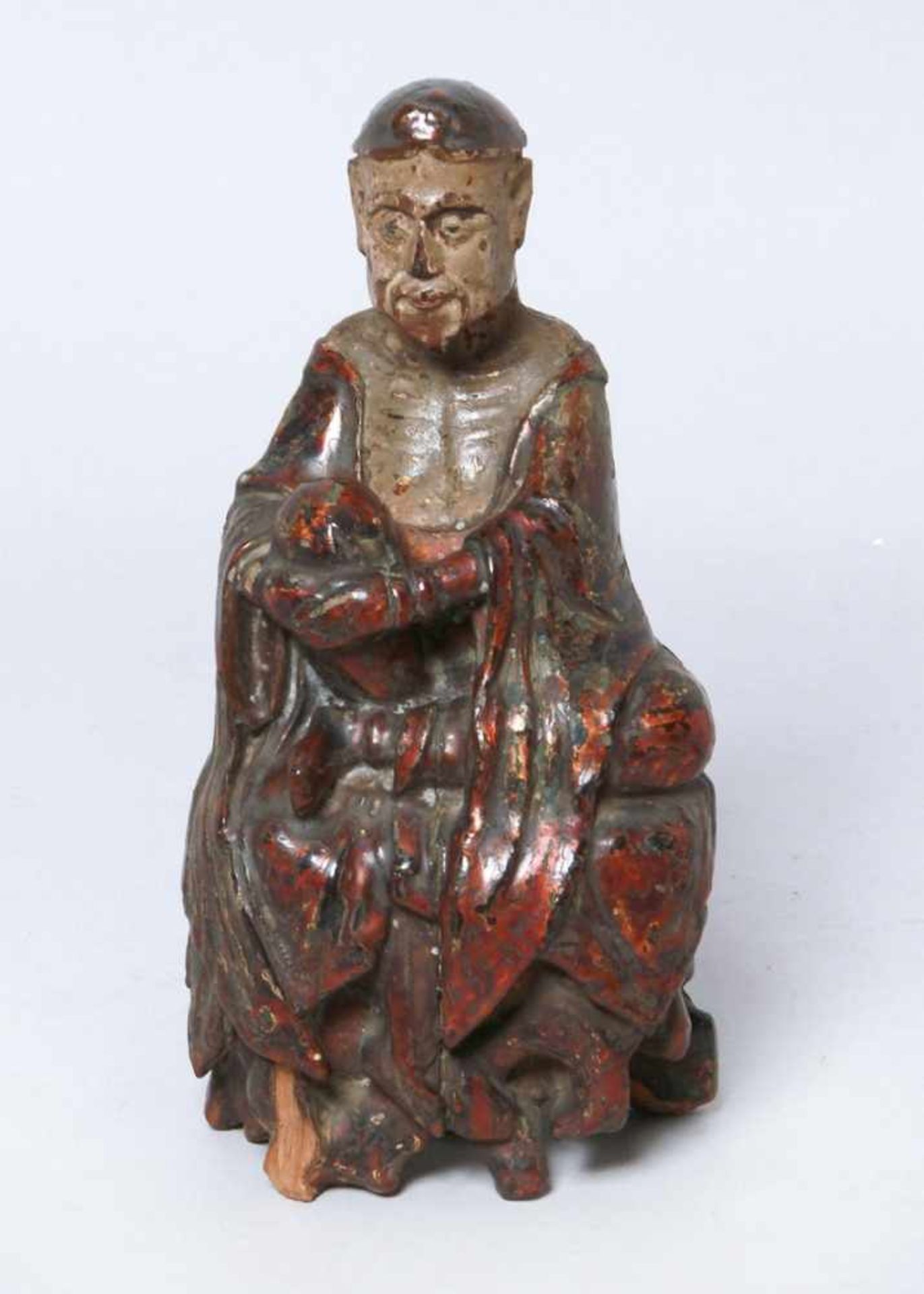 Holz-Figur, "Mönch als Asket", China, 18. Jh., auf Sockel in Meditationssitzvollplastische