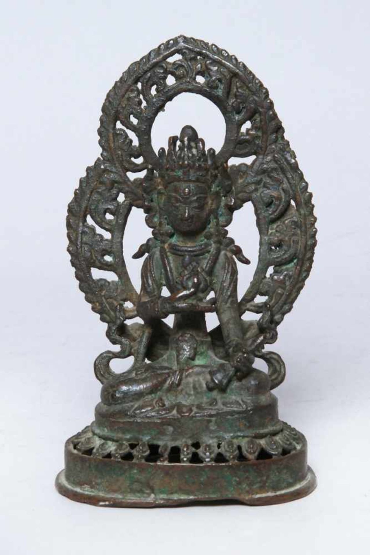 Bronze-Plastik, "Buddha", Tibet, 17./18. Jh., auf durchbrochen gearbeitetem
