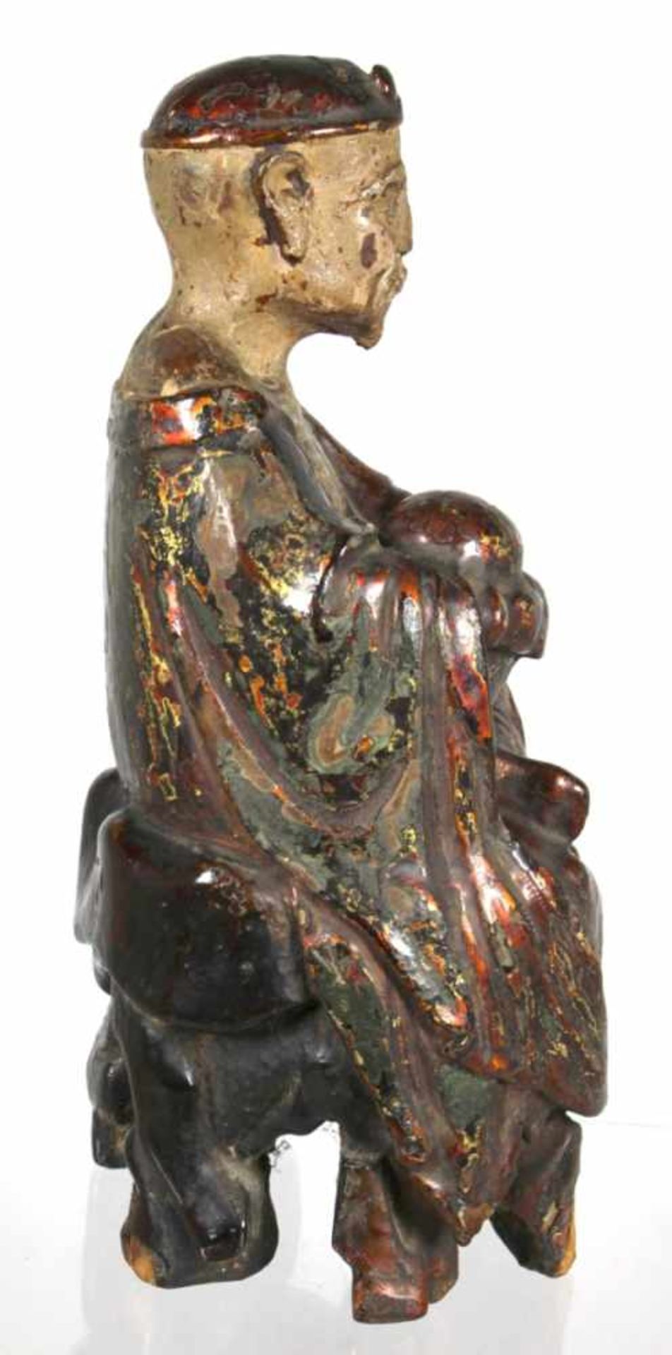 Holz-Figur, "Mönch als Asket", China, 18. Jh., auf Sockel in Meditationssitzvollplastische - Bild 4 aus 6
