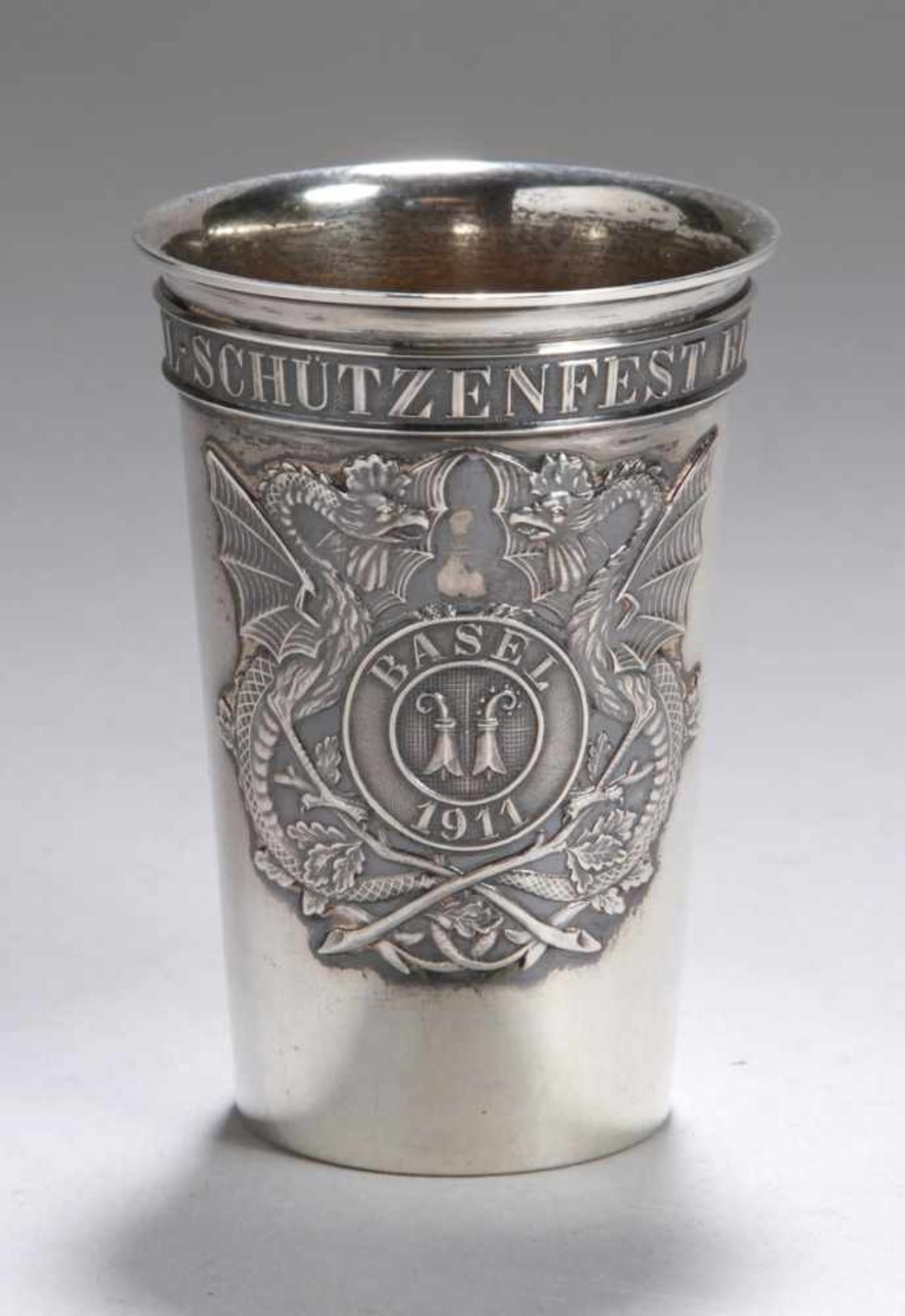 Becher, "Schützenfest Basel 1911", Silber, runder Stand, leicht konisch, ansteigenderKorpus,