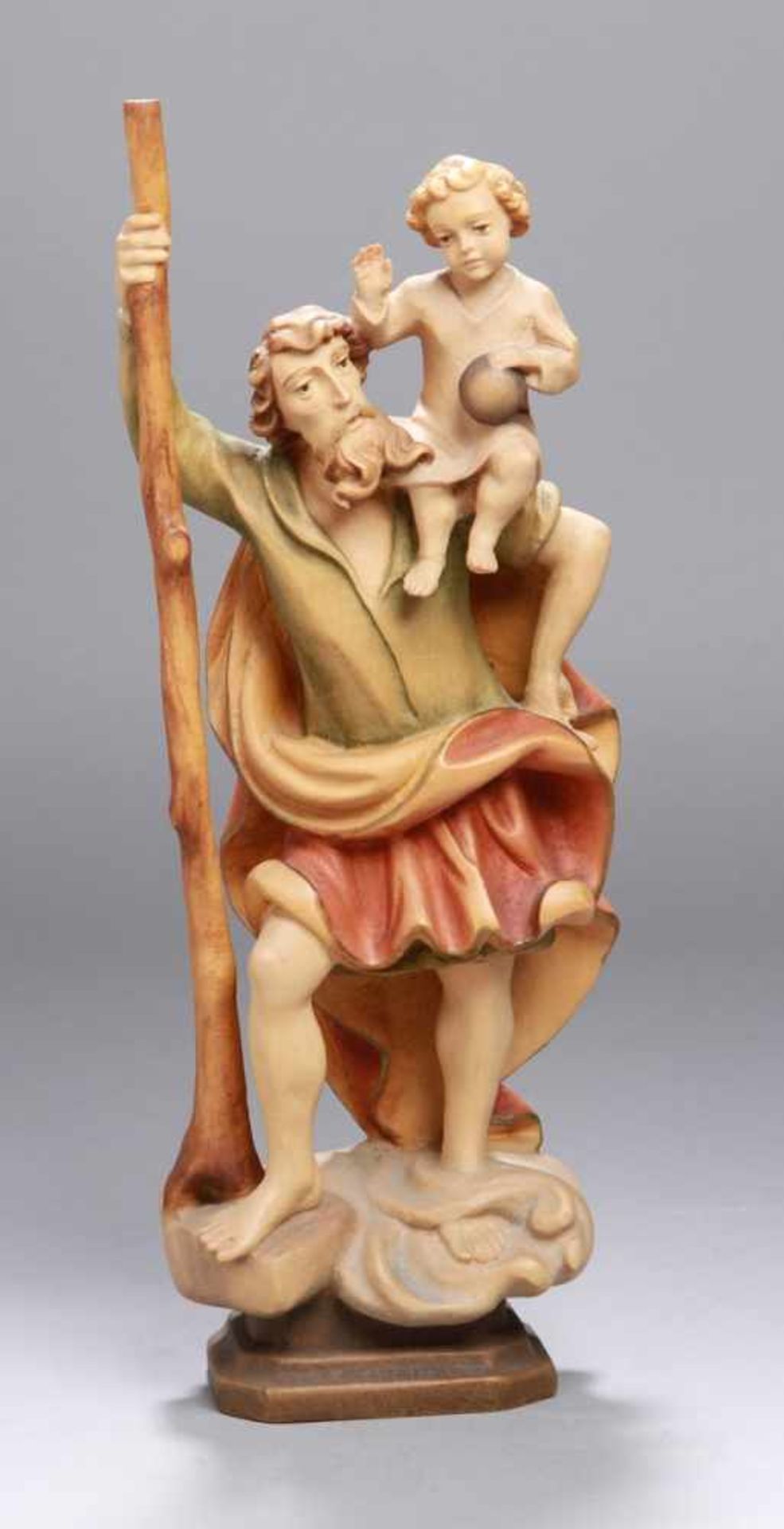 Holz-Figur, "Heiliger Christopherus", Österrreich, 2. Hälfte 20. Jh., auf Rechteckplinthemit