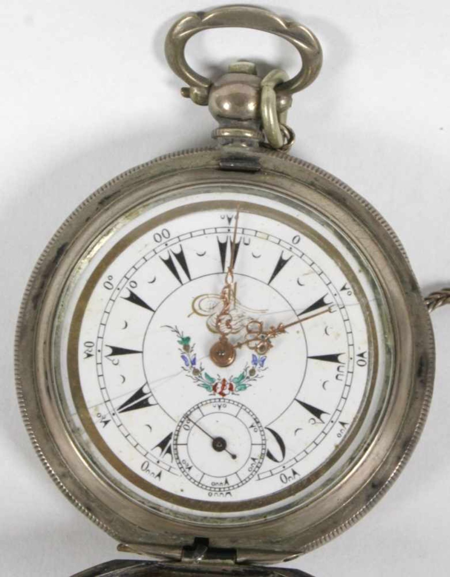 Taschenuhr, 19. Jh., Silber 800, Schlüsselaufzug, glatte Wandung, rep. bed. - Bild 2 aus 5