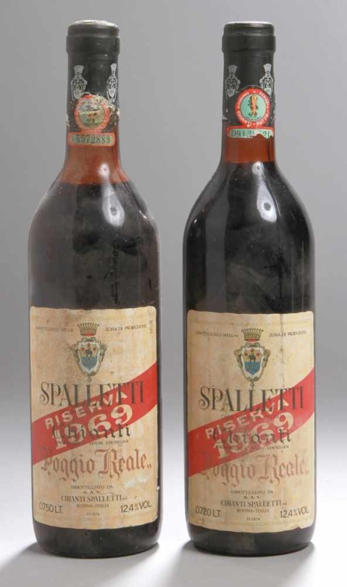 Zwei Weinflaschen, Spaletti Chianti, Poggio Reale, Riserva 1969