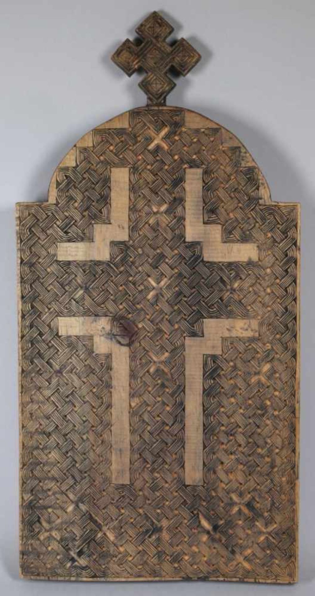 Triptychon, Äthiopien, 20. Jh., Mittelelement mit gebogtem Abschluß und koptischerKreuzbekrönung, - Bild 4 aus 4
