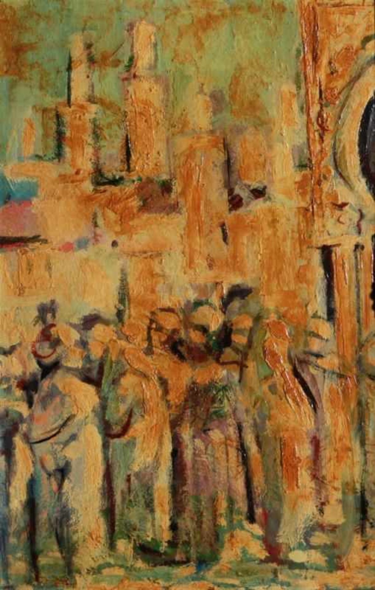 Anonymer Maler, Mitte 20. Jh. "Orientalische Stadtansicht mit Personenstaffage",Öl/Hartfaser, 57 x