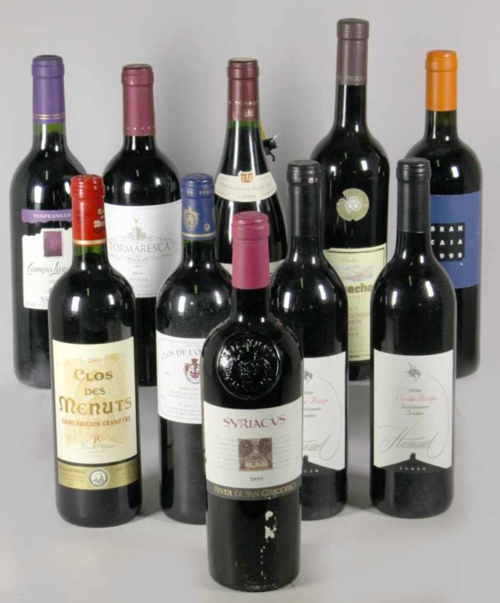 Zehn Weinflaschen, verschiedene Weingüter, Rebsorten und Jahrgänge