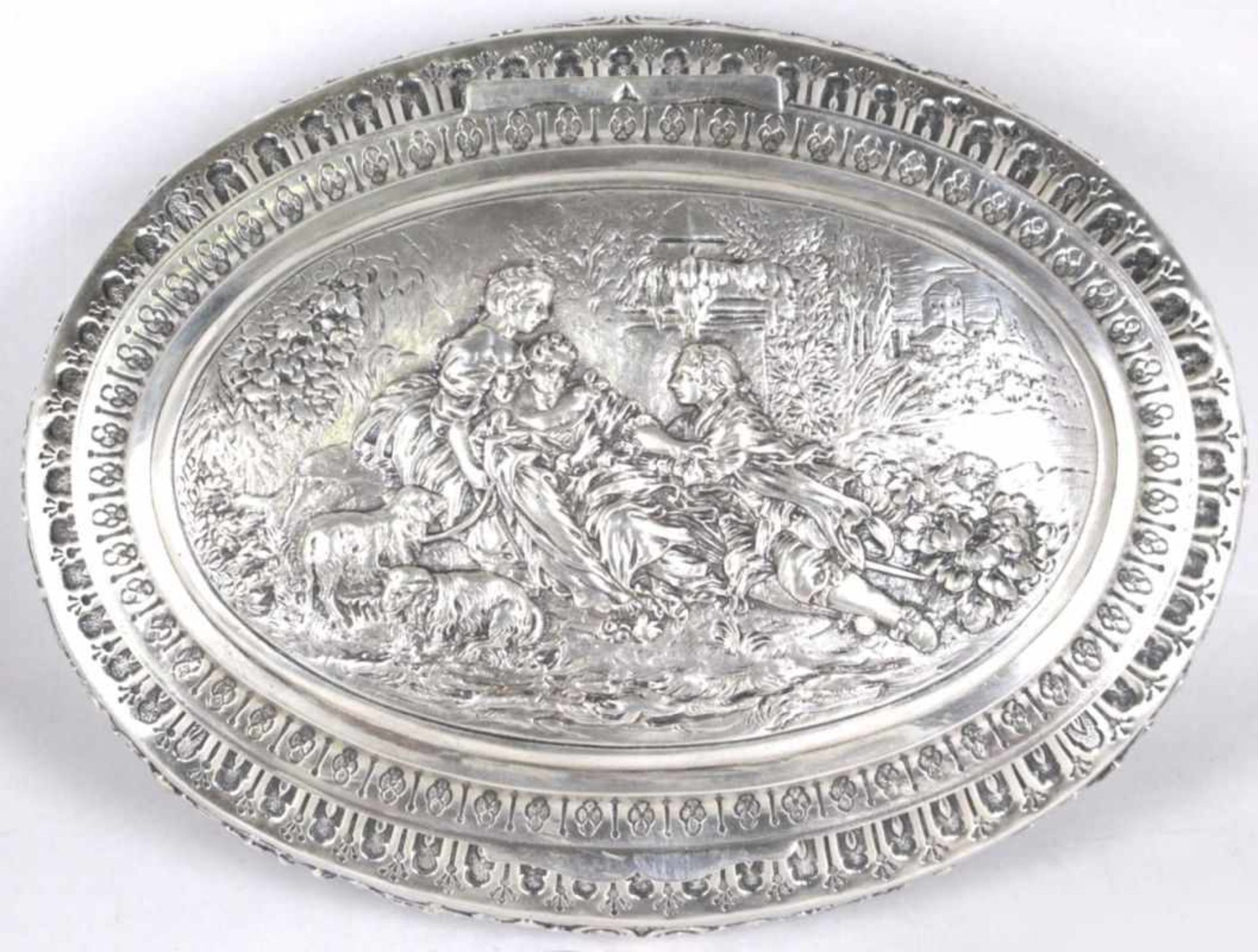 Schatulle, dt., um 1900, Silber 800, ovale Form auf 4 geschweiften Füßen, scharnierterDeckel, - Bild 2 aus 4