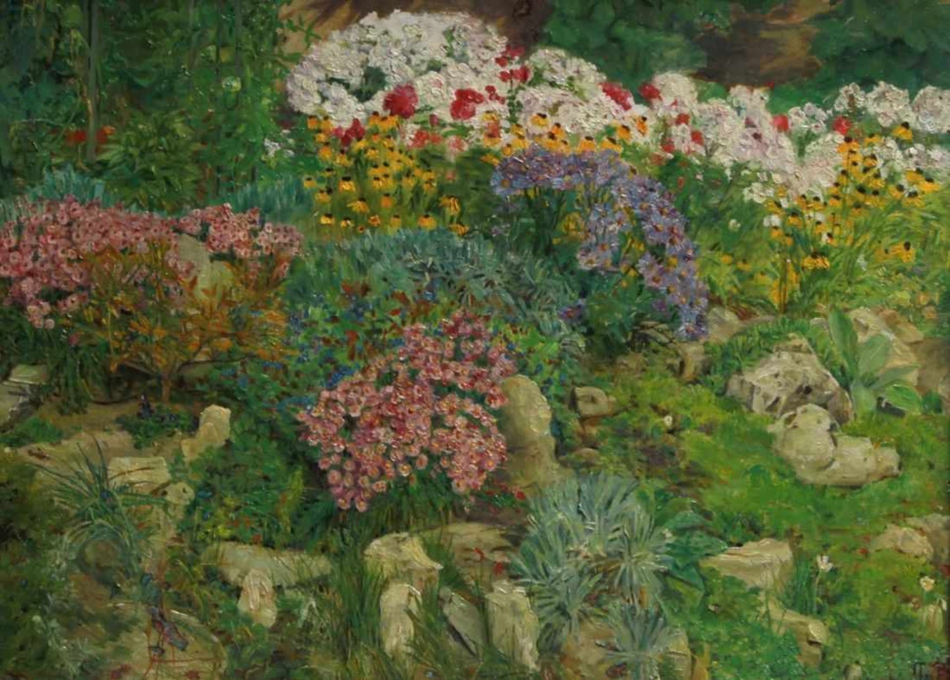 Imgraben, Cäcilie, dt. Blumenmalerin 1879 - 1930. "Blühender Garten", monogr.,Öl/Hartfaser, 30 x