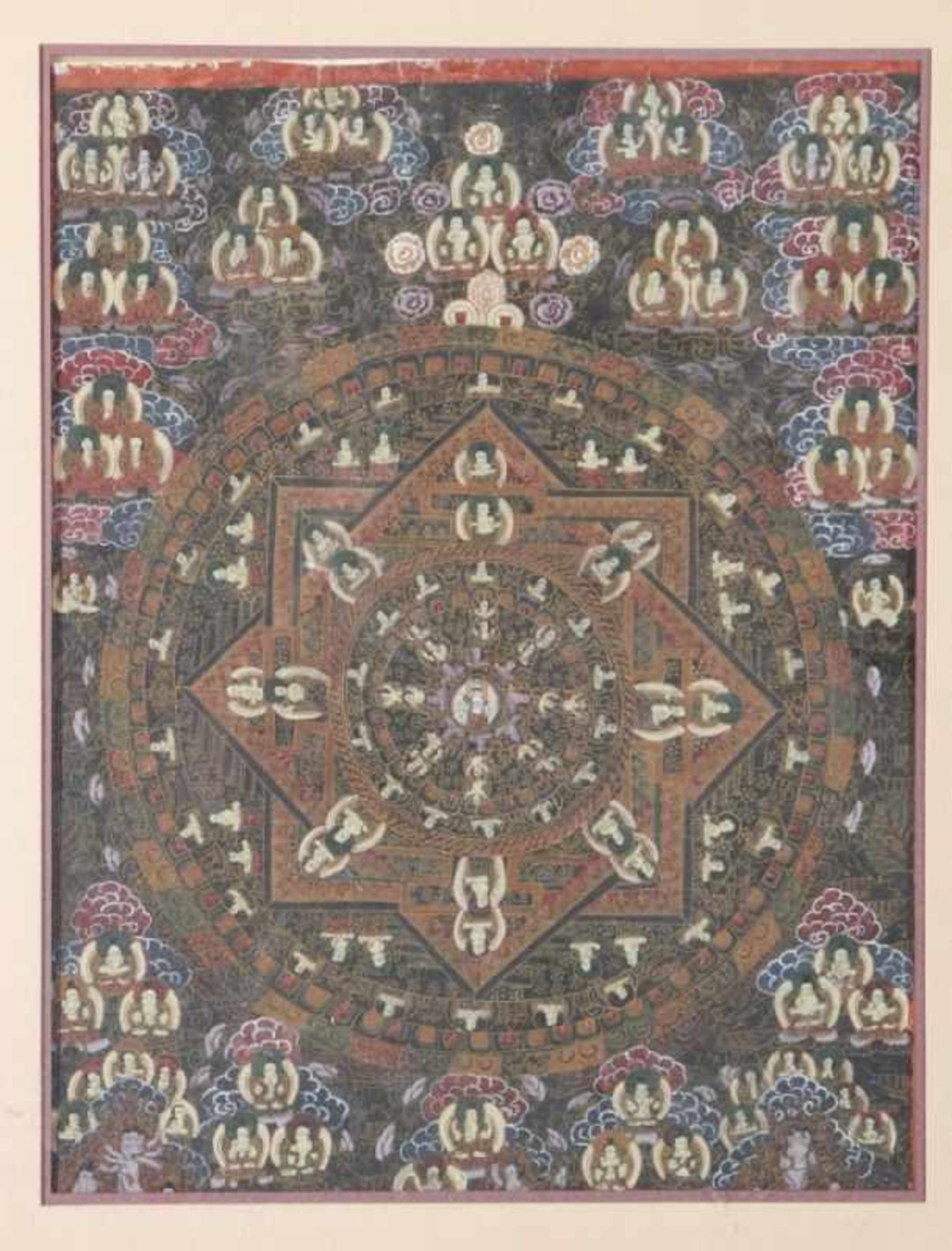 Thangka, Tibet, 1. Hälfte 20. Jh., polychrome Temperamalerei auf Stoff, in Passepartouthinter Glas