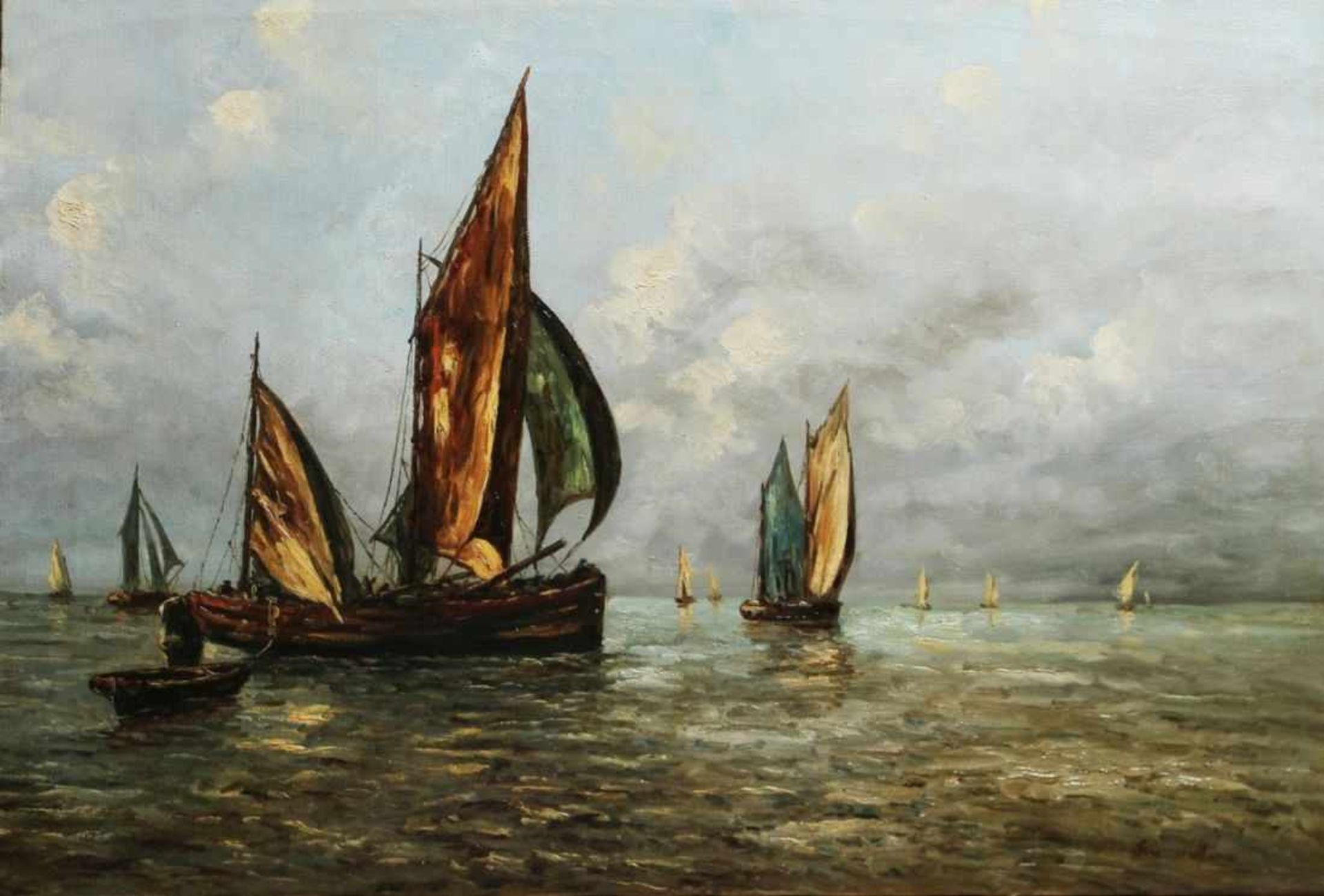 Unleserlich signierender Maler, 1. Hälfte 20. Jh. "Fischerboote auf See", Öl/Lw., 40 x 60cm- - -20.