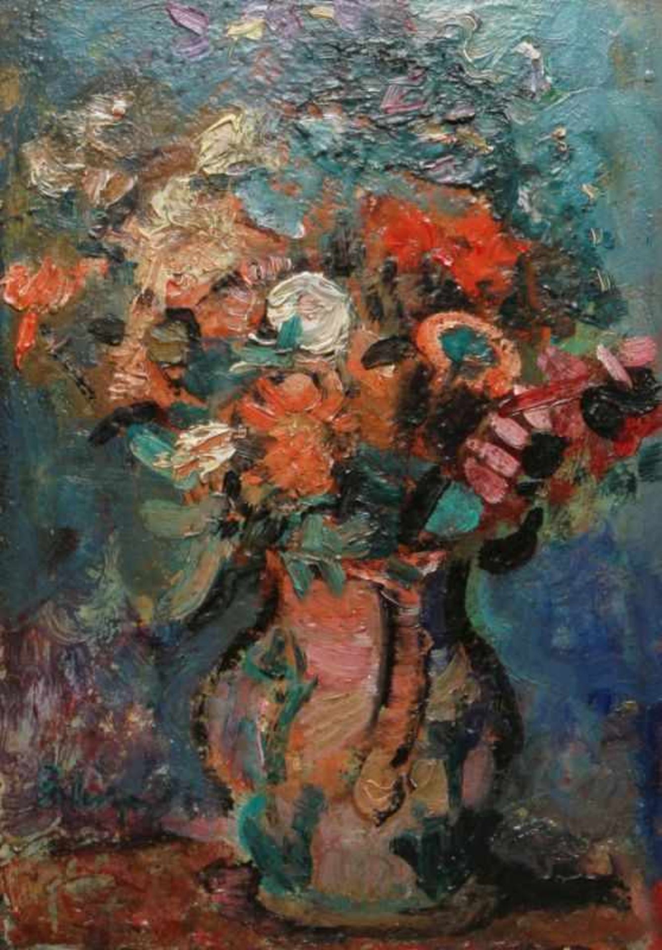 Unleserlich signierender Maler, Mitte 20. Jh. "Blumenstrauß in Vase", Öl/Holz, 34 x 24 cm- - -20.