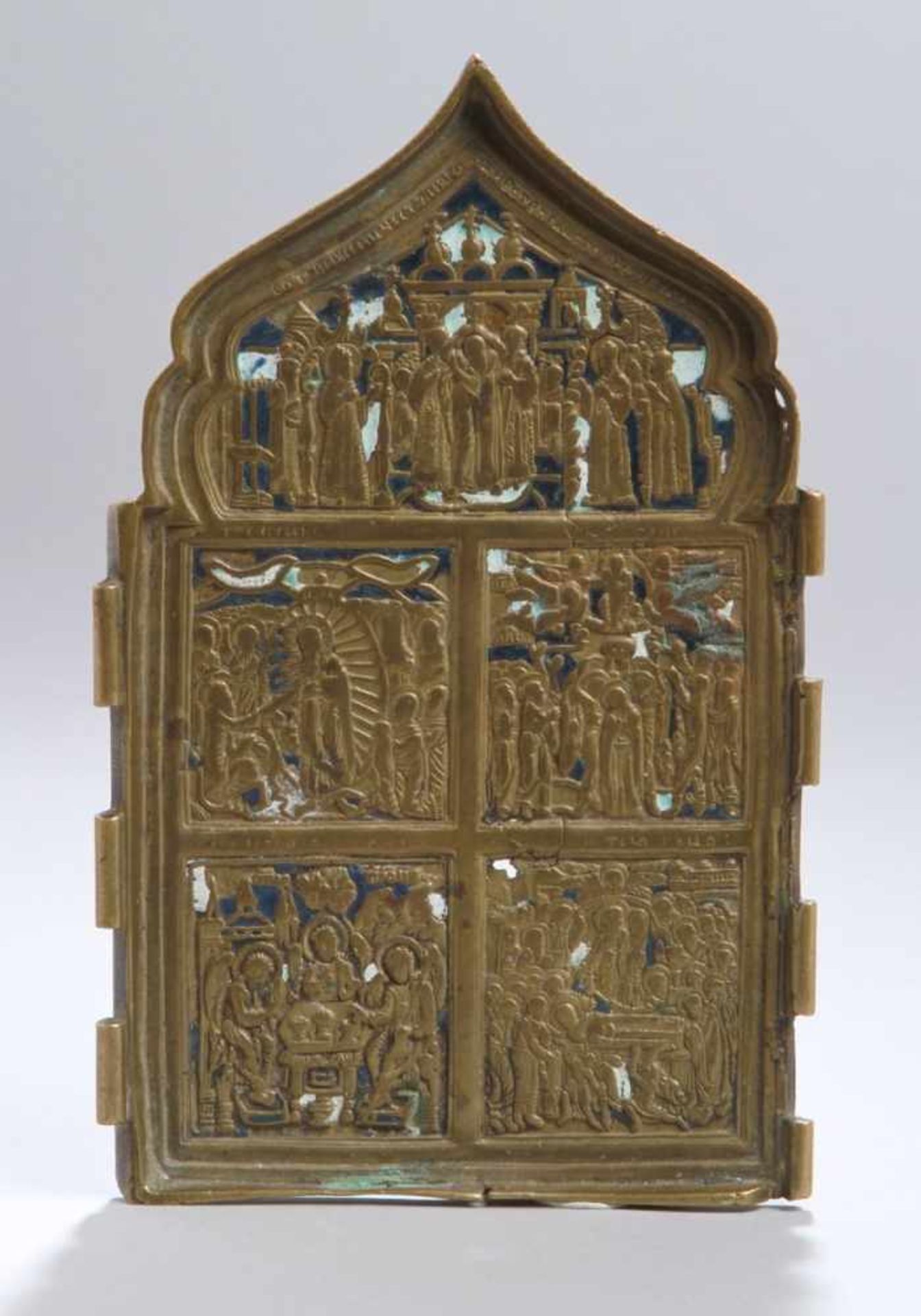 Bronze-Reiseikonenflügel, Russland, 18./19. Jh., spitzturmähnlicher Altarflügel mit 5Feldern, 1