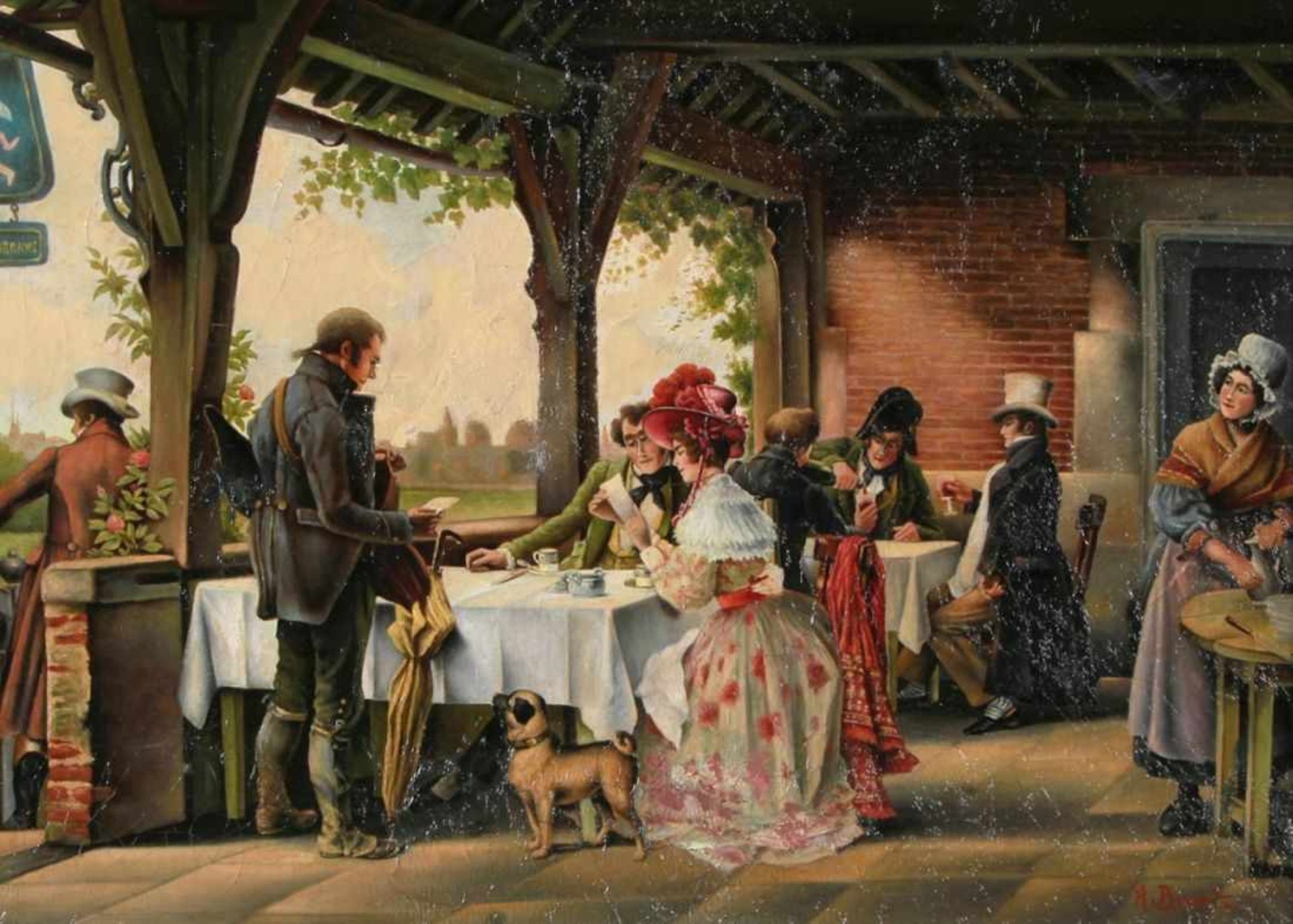 Broet, A., Maler 1. Hälfte 20. Jh. "Personen auf der Terrasse", sign., Öl/Lw., 47 x 66 cm,starkes