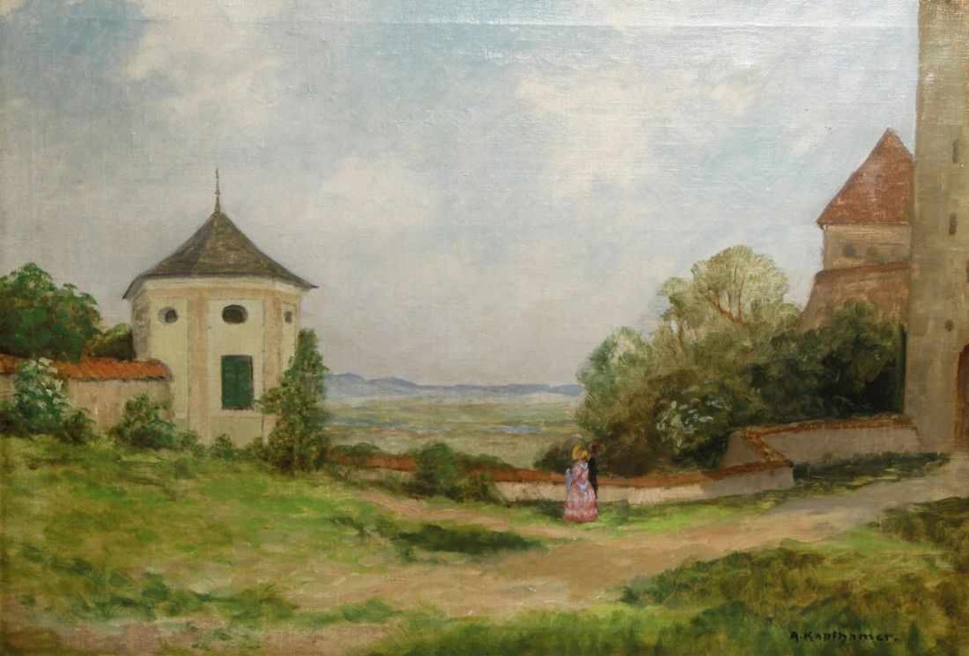 Kapfhamer, Adolf, geb. 1867 in München. "Landschaft mit Burg", sign., Öl/Lw., 50 x 72 cm- - -20.00 %