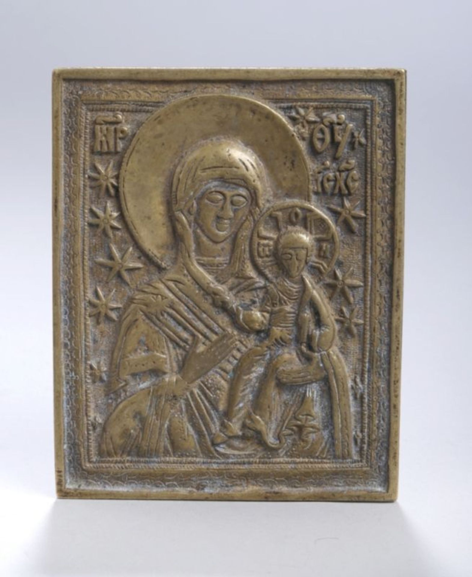 Bronze-Ikone, Russland, 19. Jh., rechteckige Form, in leicht abgesetzter Rahmungreliefierte